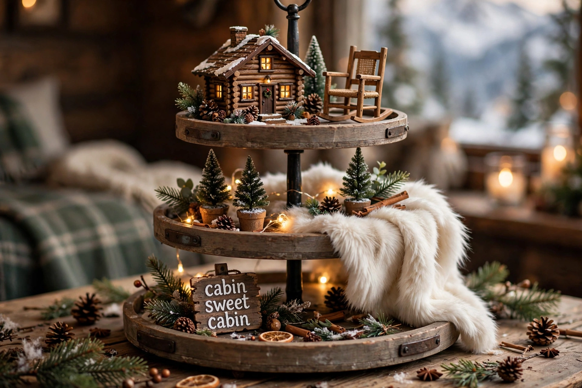 Cozy cabin tray — Christmas tiered tray idea
