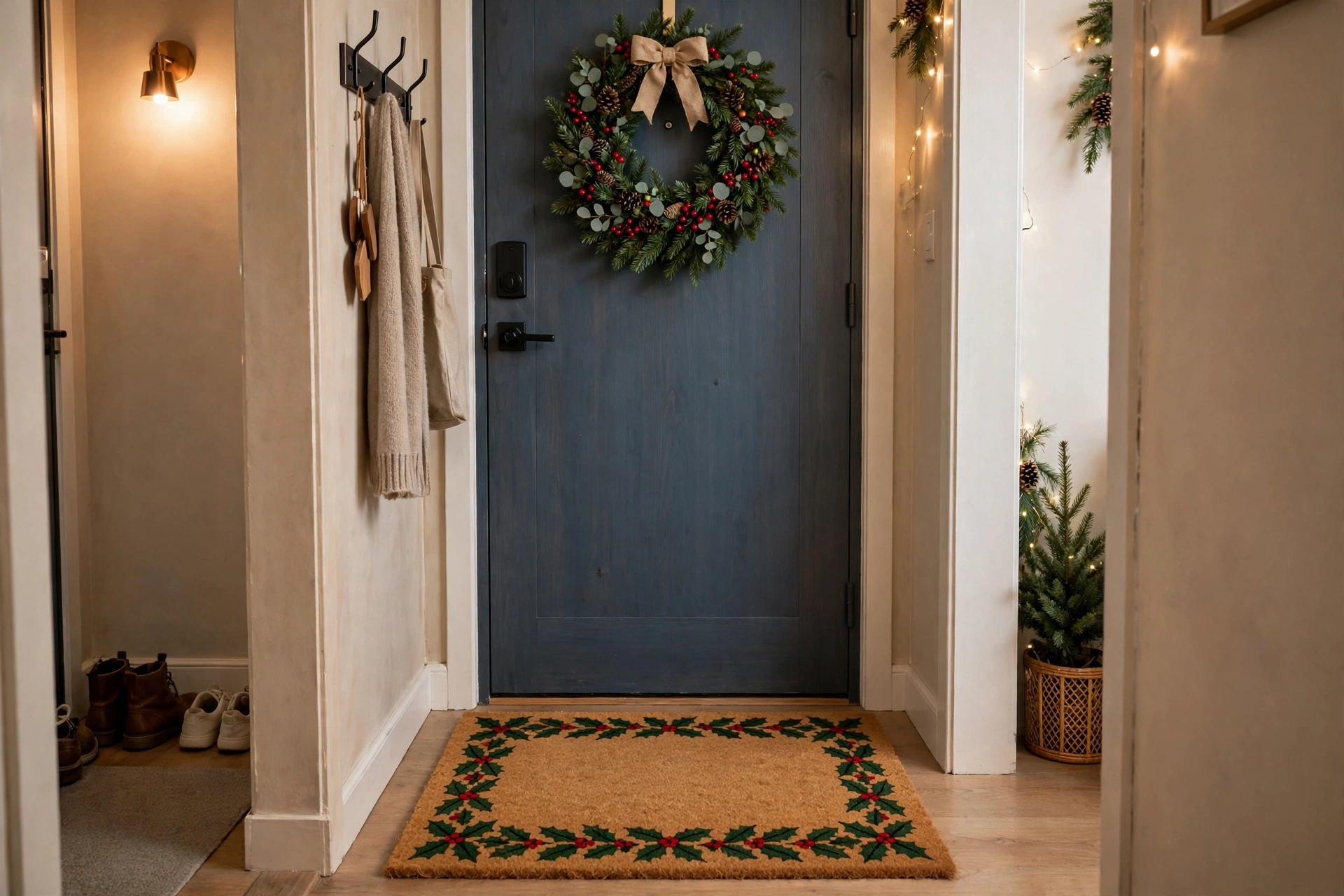 Apartment entry with a Christmas wreath on the door and a holly-edged coir doormat below in a small hallway.