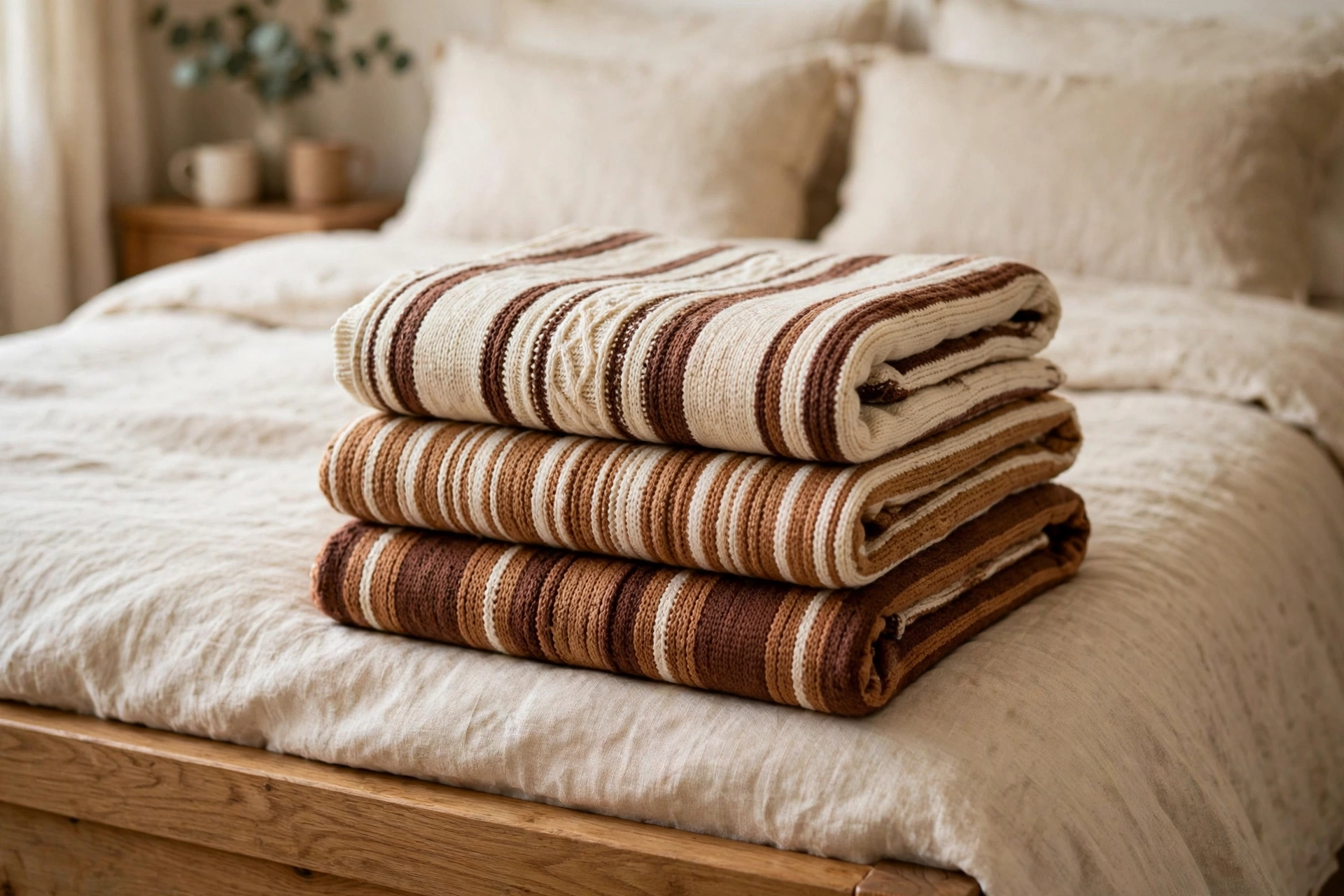 Stacked striped blankets in cream caramel and cocoa folded at the foot of a bed.