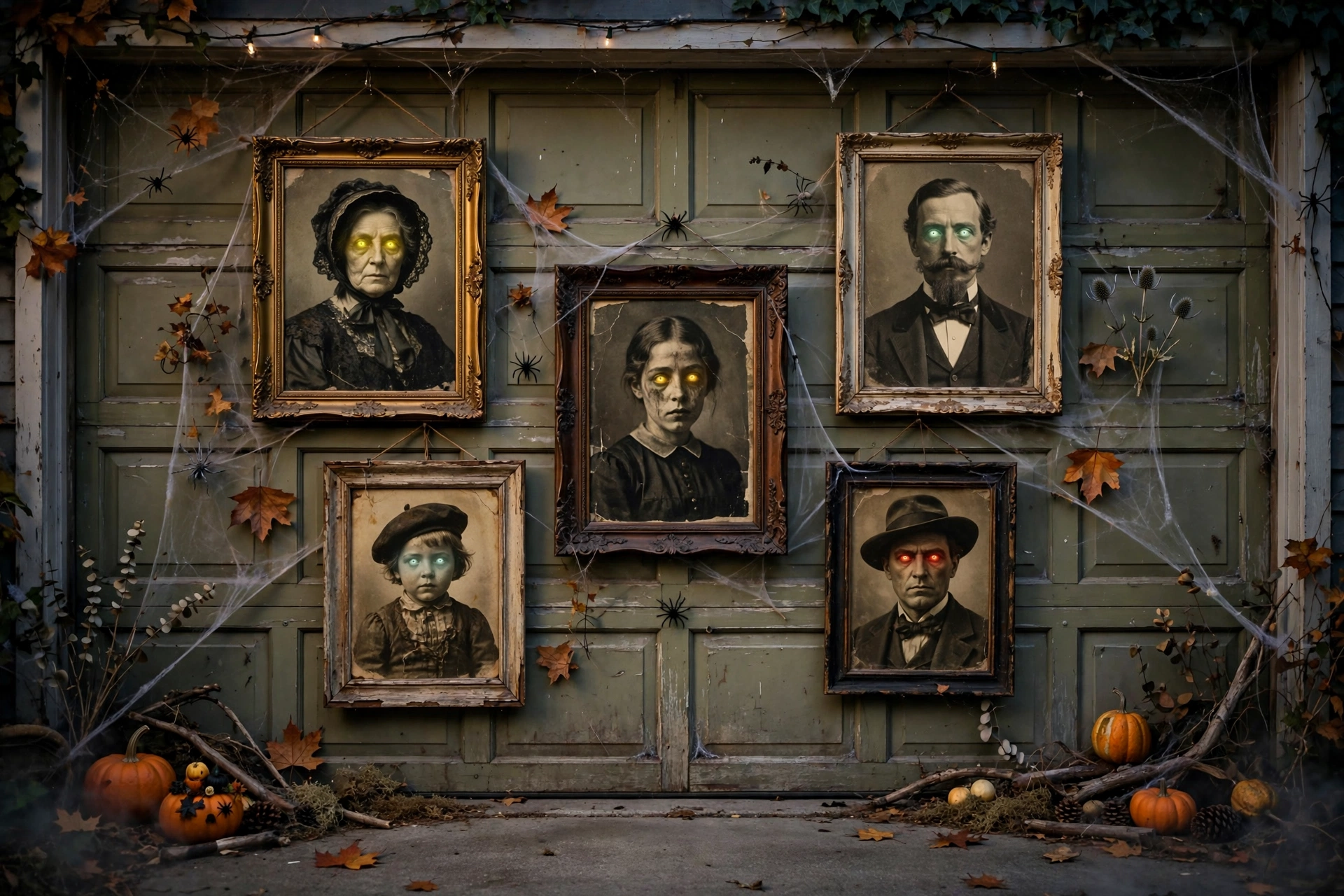 Spooky vintage portraits in thrifted frames hung on a garage door with glowing eyes.