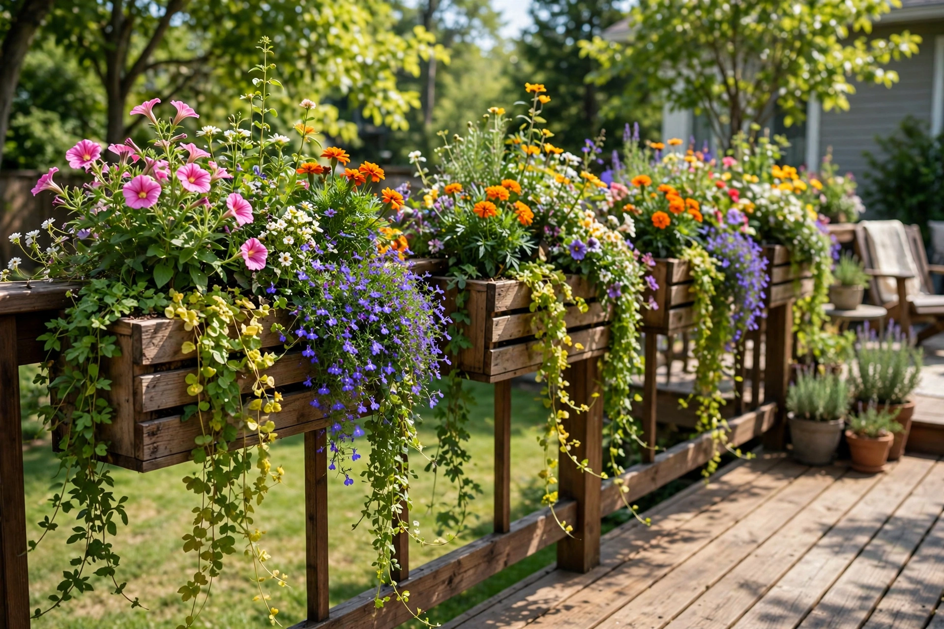 Wooden deck planter boxes along a deck railing overflowing with colorful flowers and trailing greenery