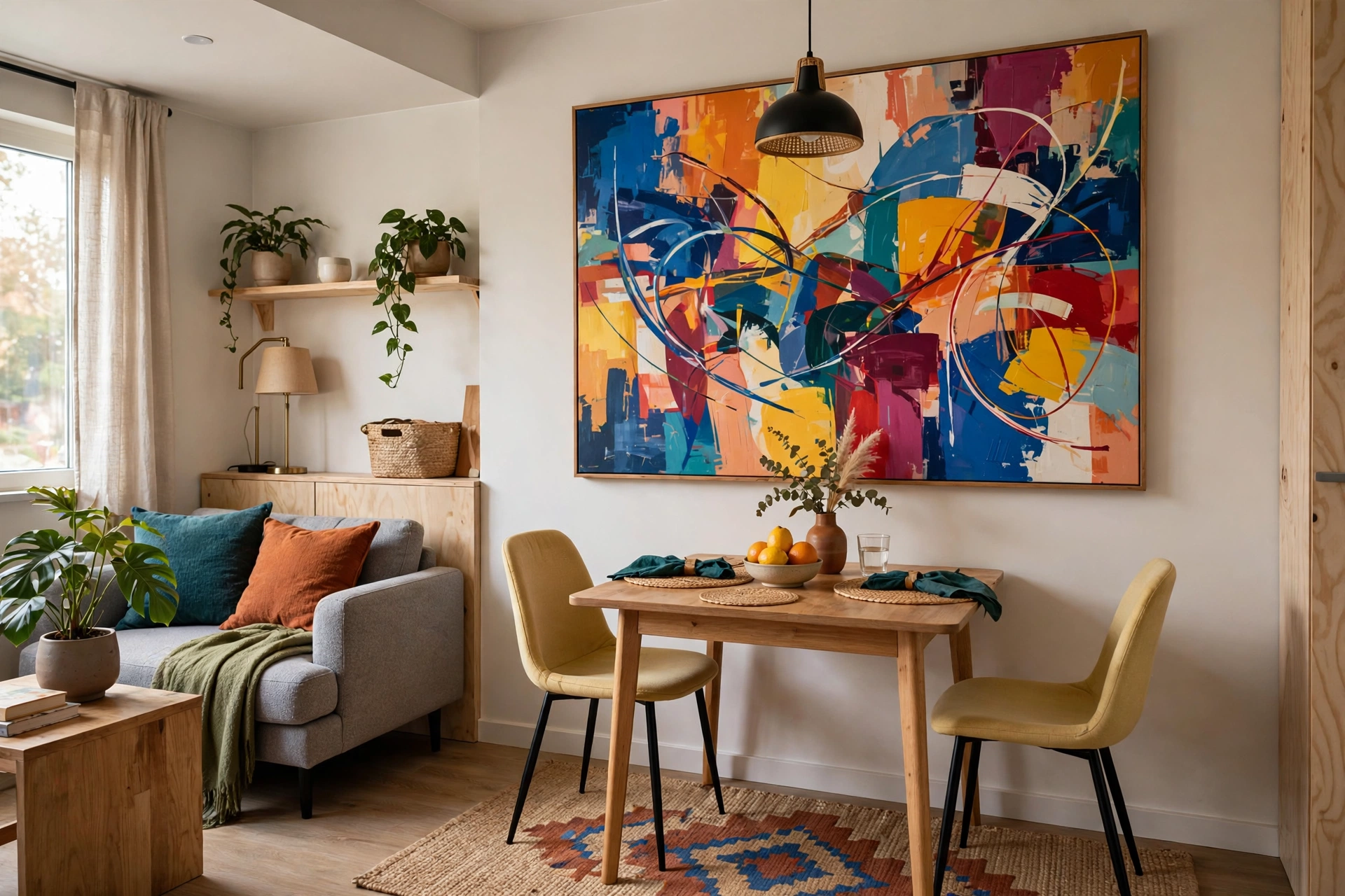 Bold statement art hanging above a dining table in a small combo room.