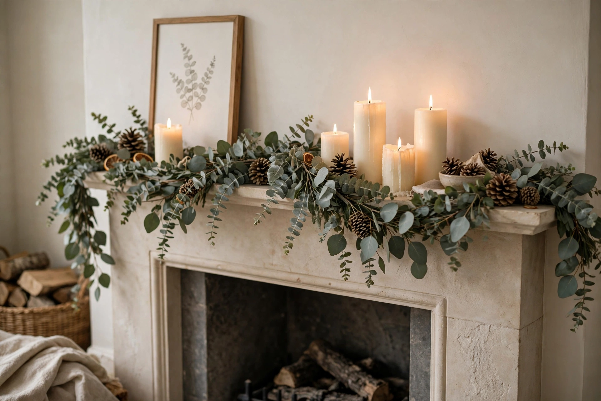A eucalyptus garland draped along a mantel with ivory pillar candles and pinecones.