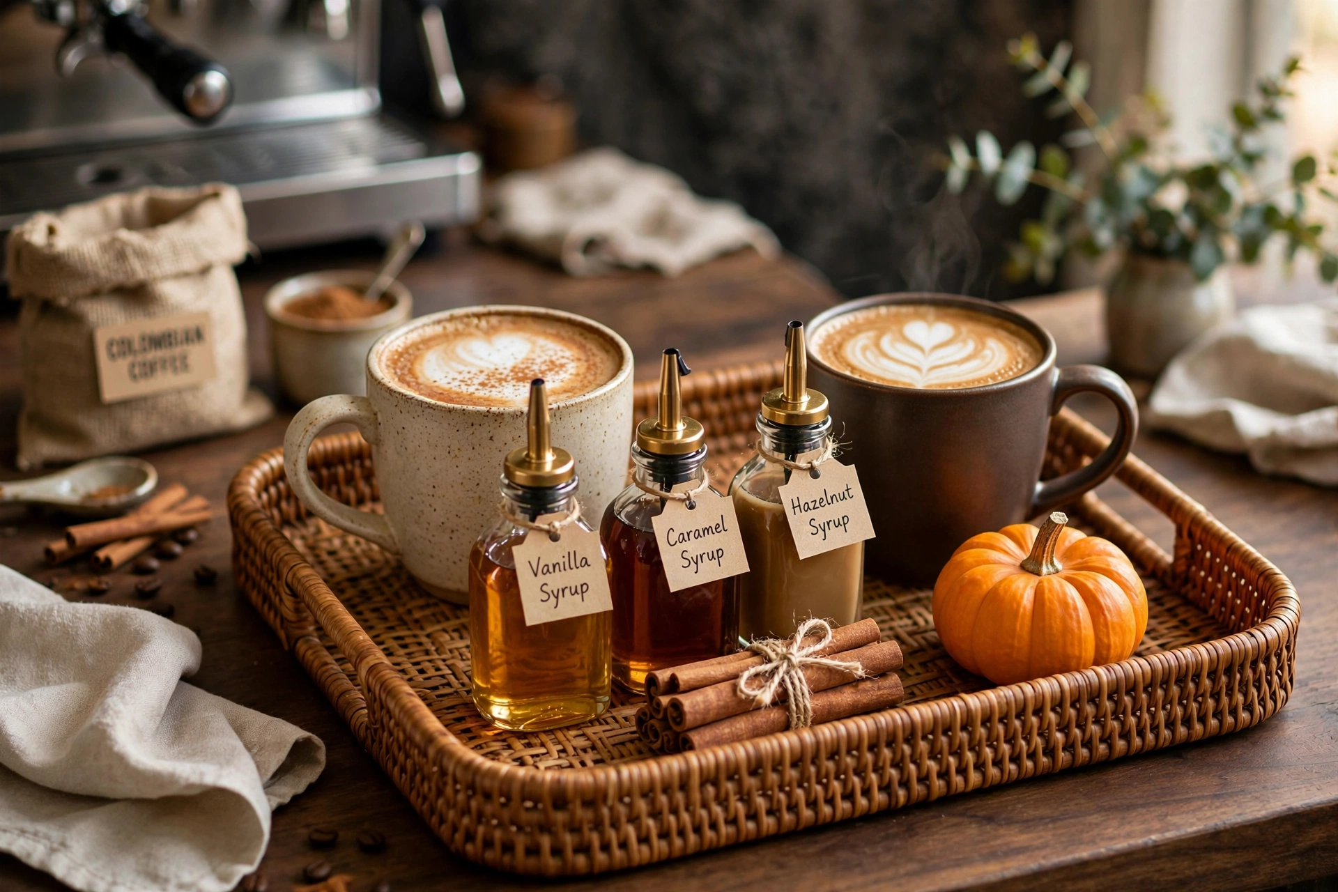 Tray with coffee mugs, cinnamon sticks, syrup bottles, and a small pumpkin on a coffee bar.