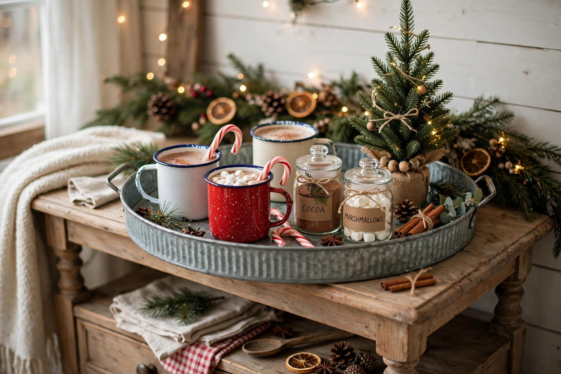 Galvanized tray styled as a Christmas coffee bar with mugs, cocoa jars and a mini tree.