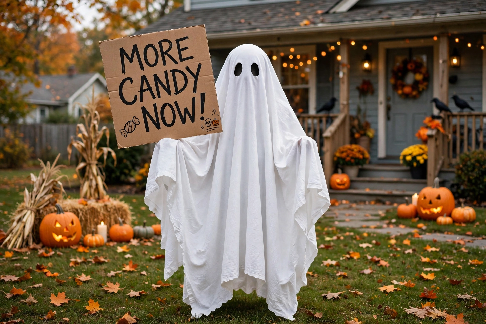 Sheet ghost holding a funny protest sign on a front lawn.