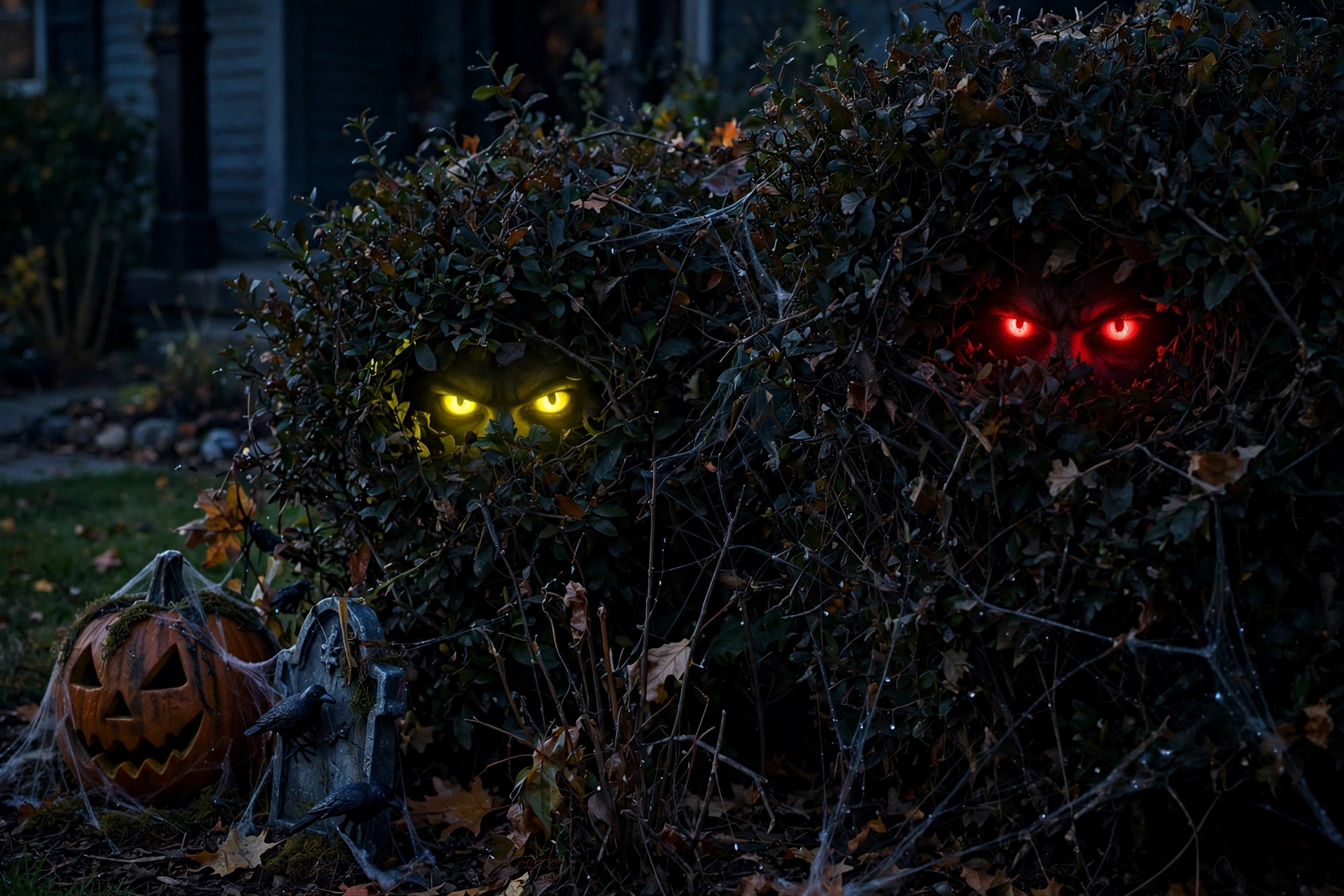 Pairs of glowing red and yellow eyes peering from dark bushes at night.