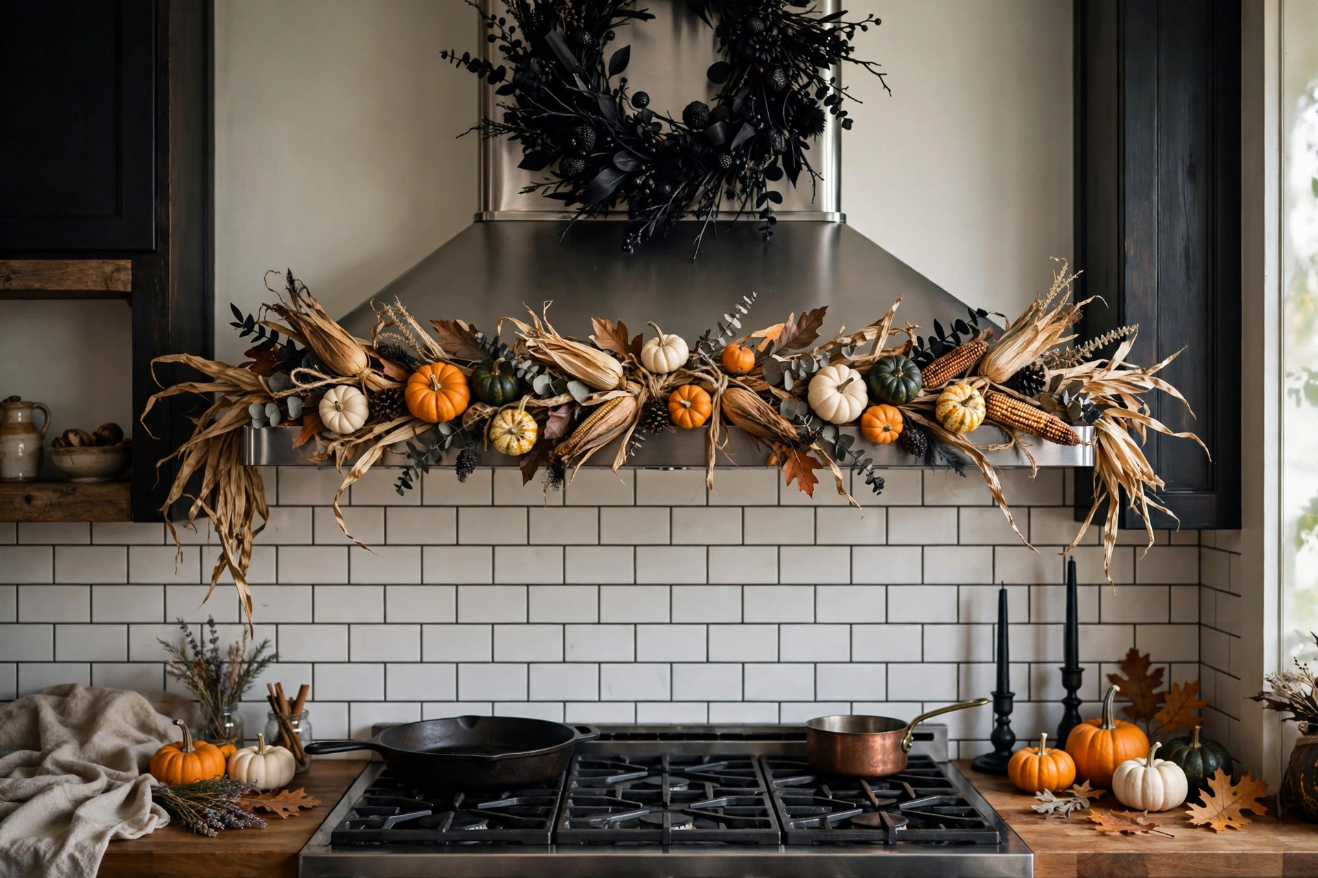 Stove hood decorated with dried corn garland, mini pumpkins and black wreath above.