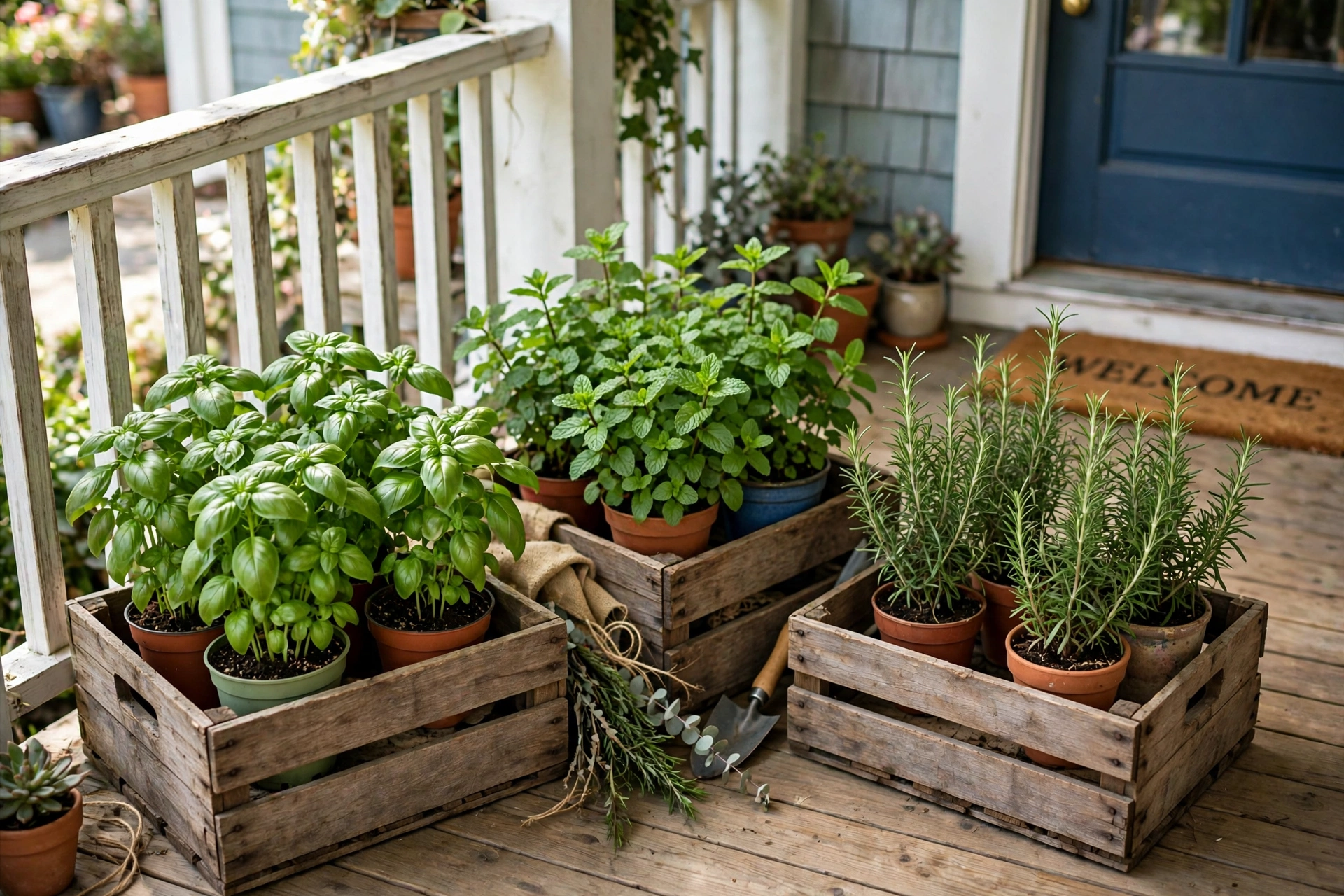 Wooden crates filled with potted basil, mint and rosemary on a front porch.