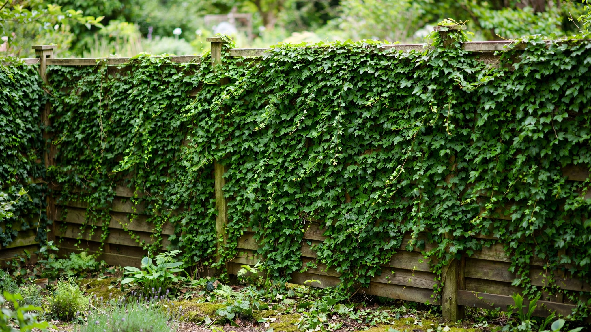 Wooden fence panels fully covered in lush green ivy vines.