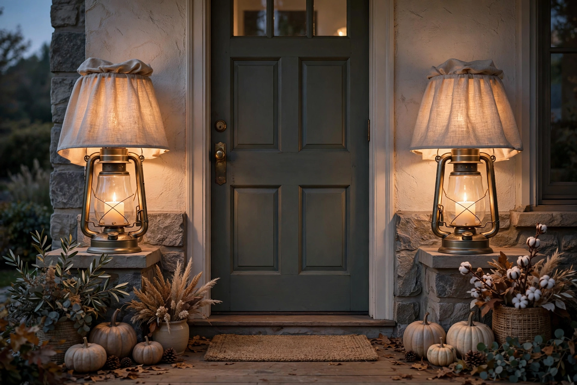 Hurricane lanterns with linen shades flanking a front door at dusk.