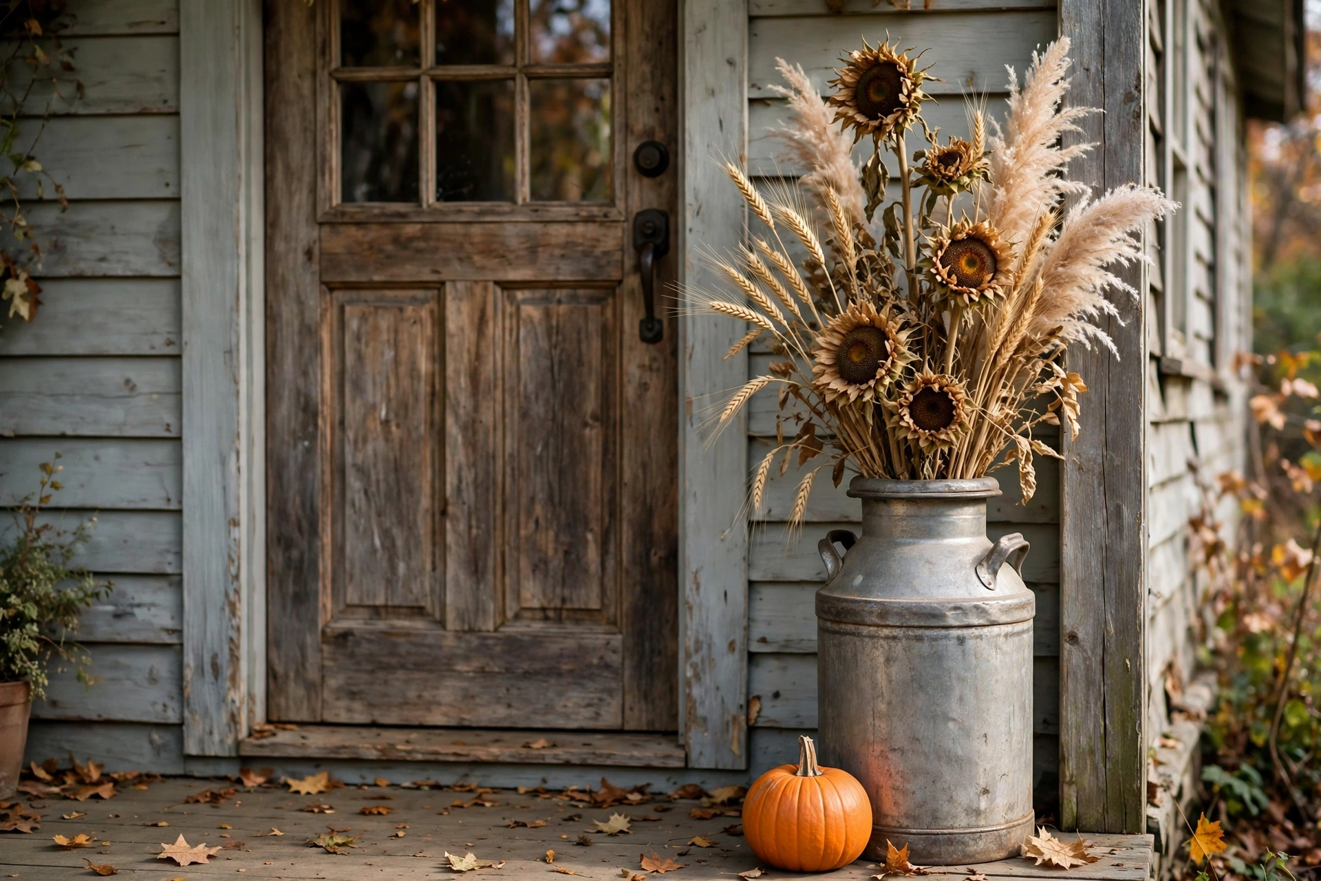 Vintage milk can with dried sunflowers and wheat beside a farmhouse door.