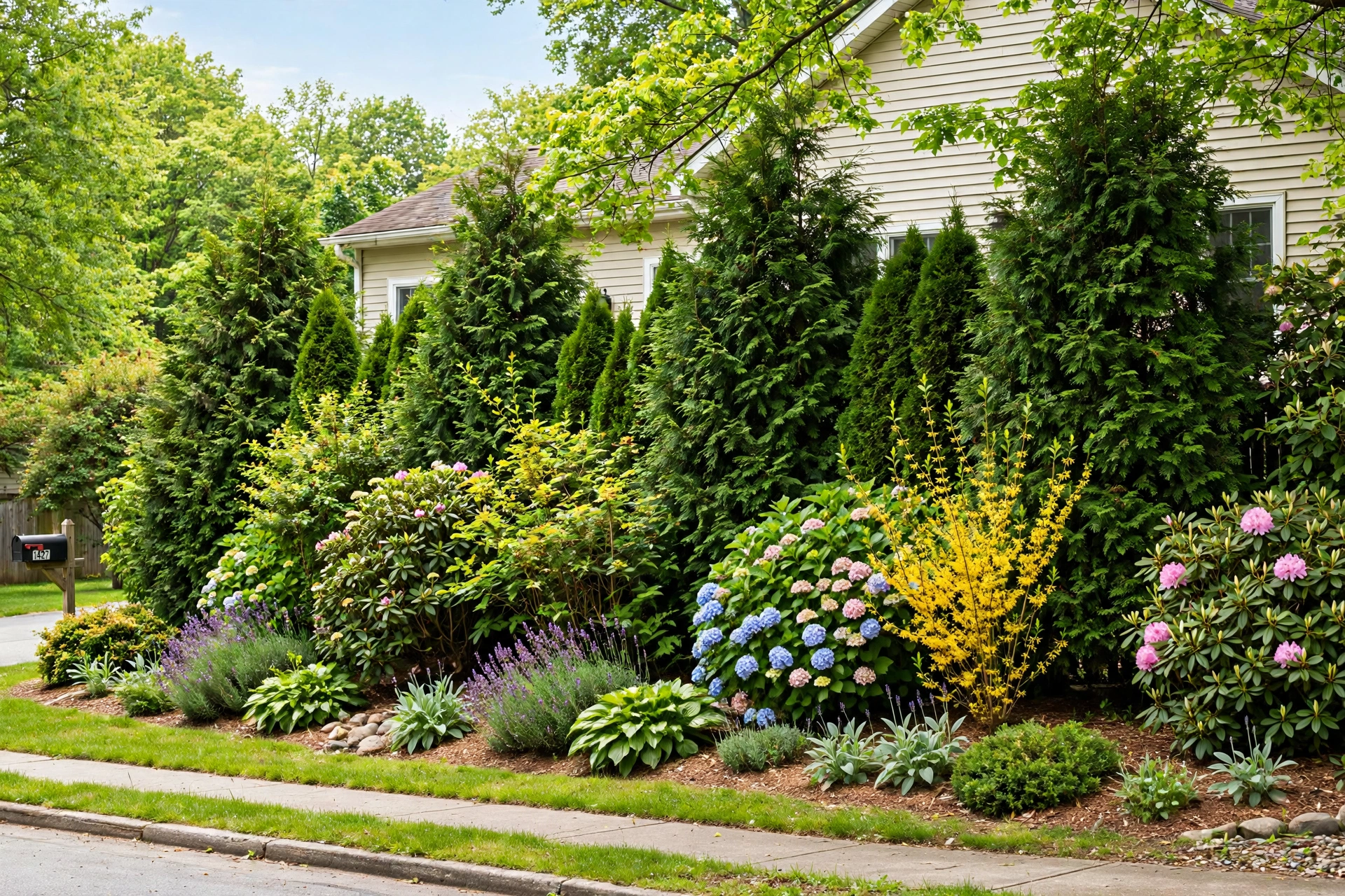 Mixed shrub privacy screen with evergreen and flowering shrubs along a front property line.