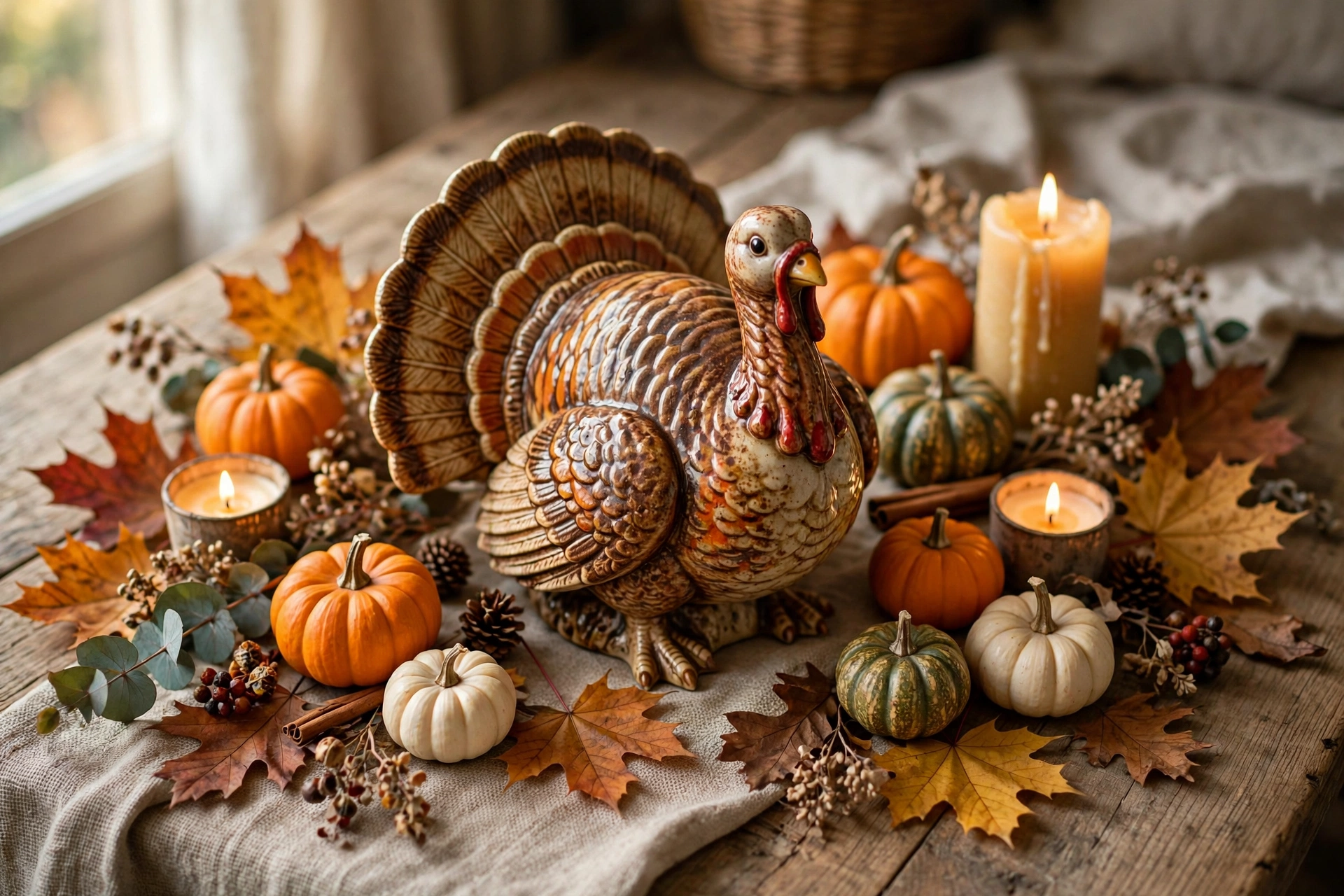 Nostalgic turkey figurine centerpiece — Thanksgiving centerpiece idea
