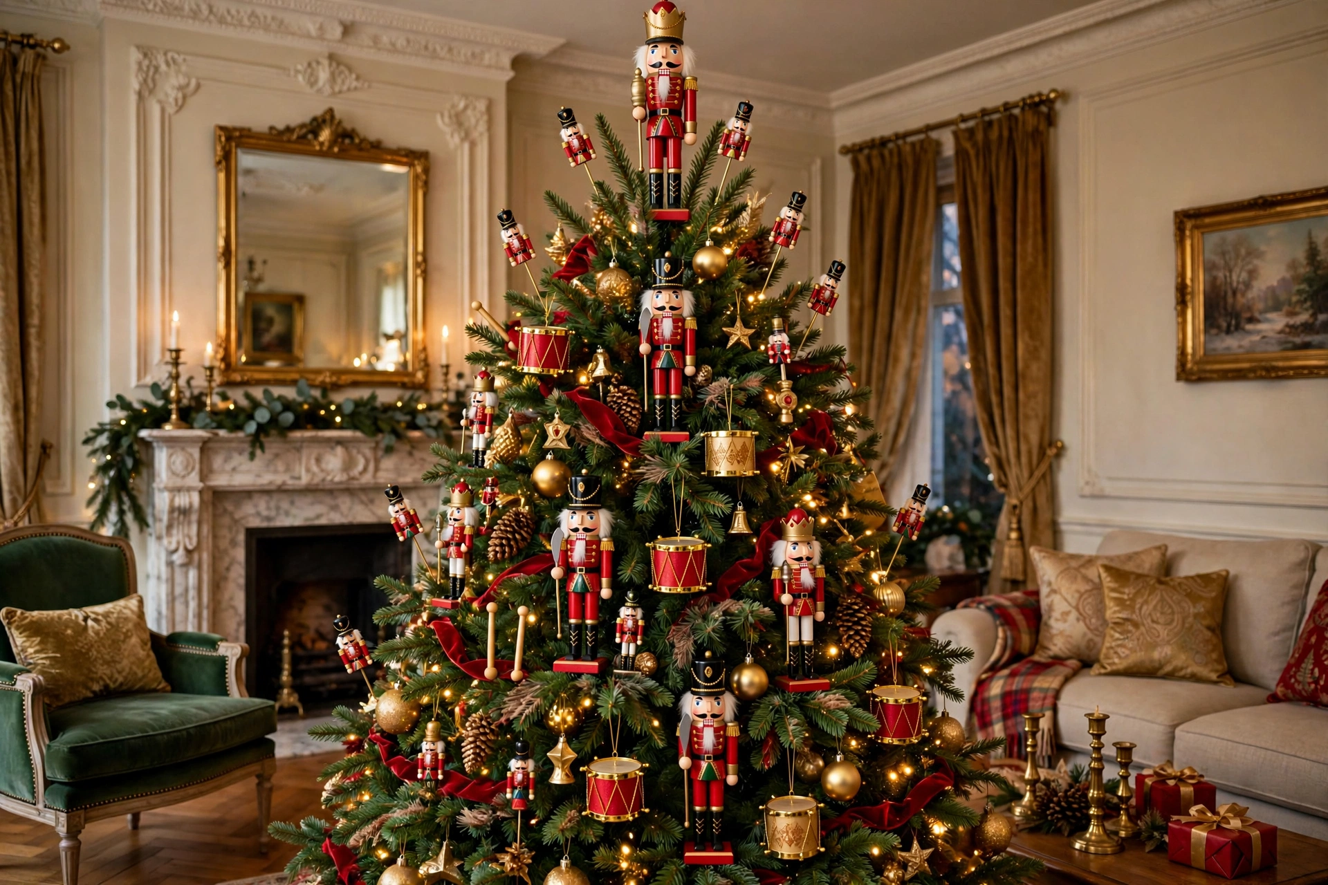 nutcracker soldier themed Christmas tree with red and gold nutcracker figures and drum ornaments