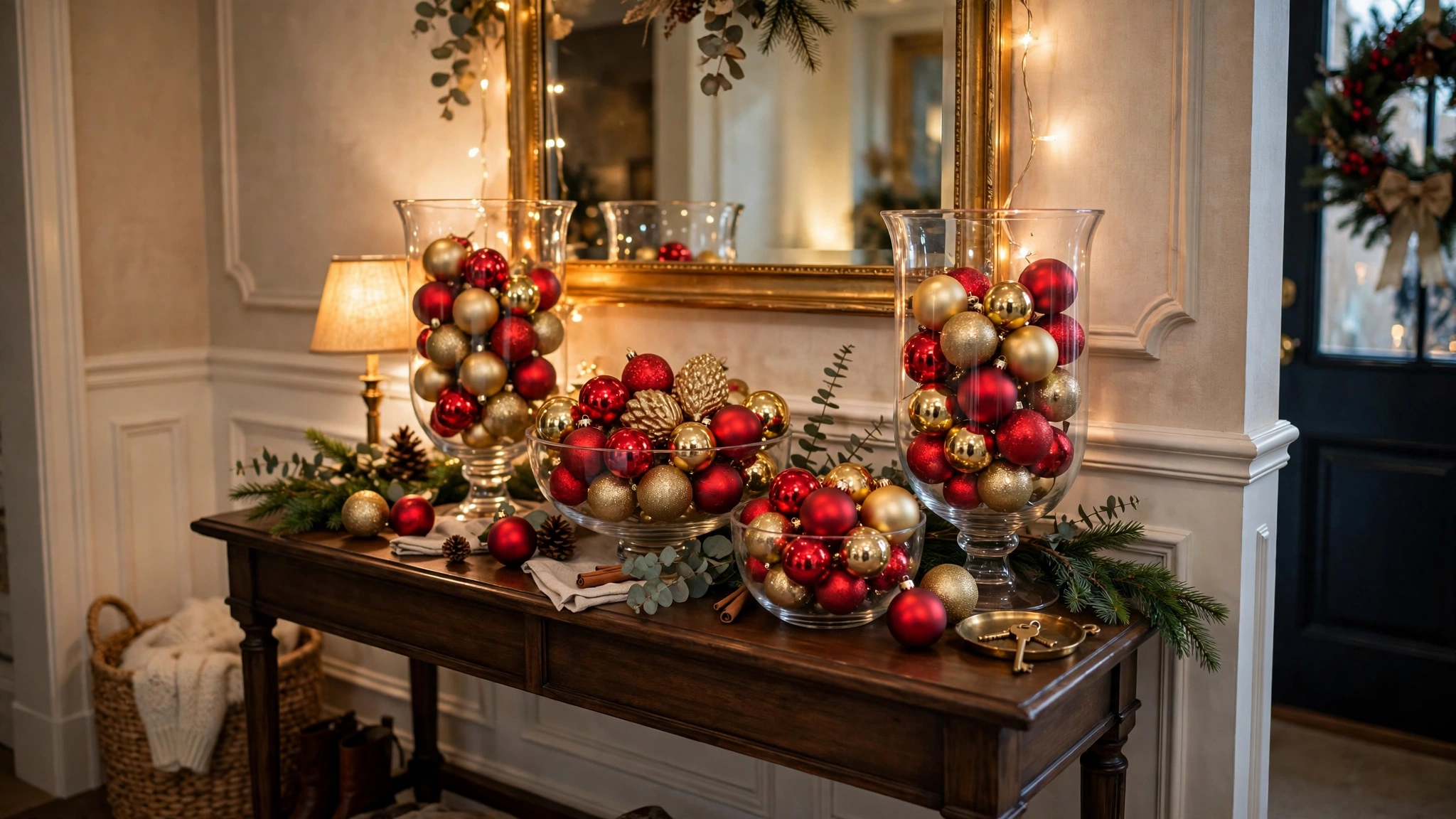 Glass bowls filled with Christmas ornaments on an entryway console