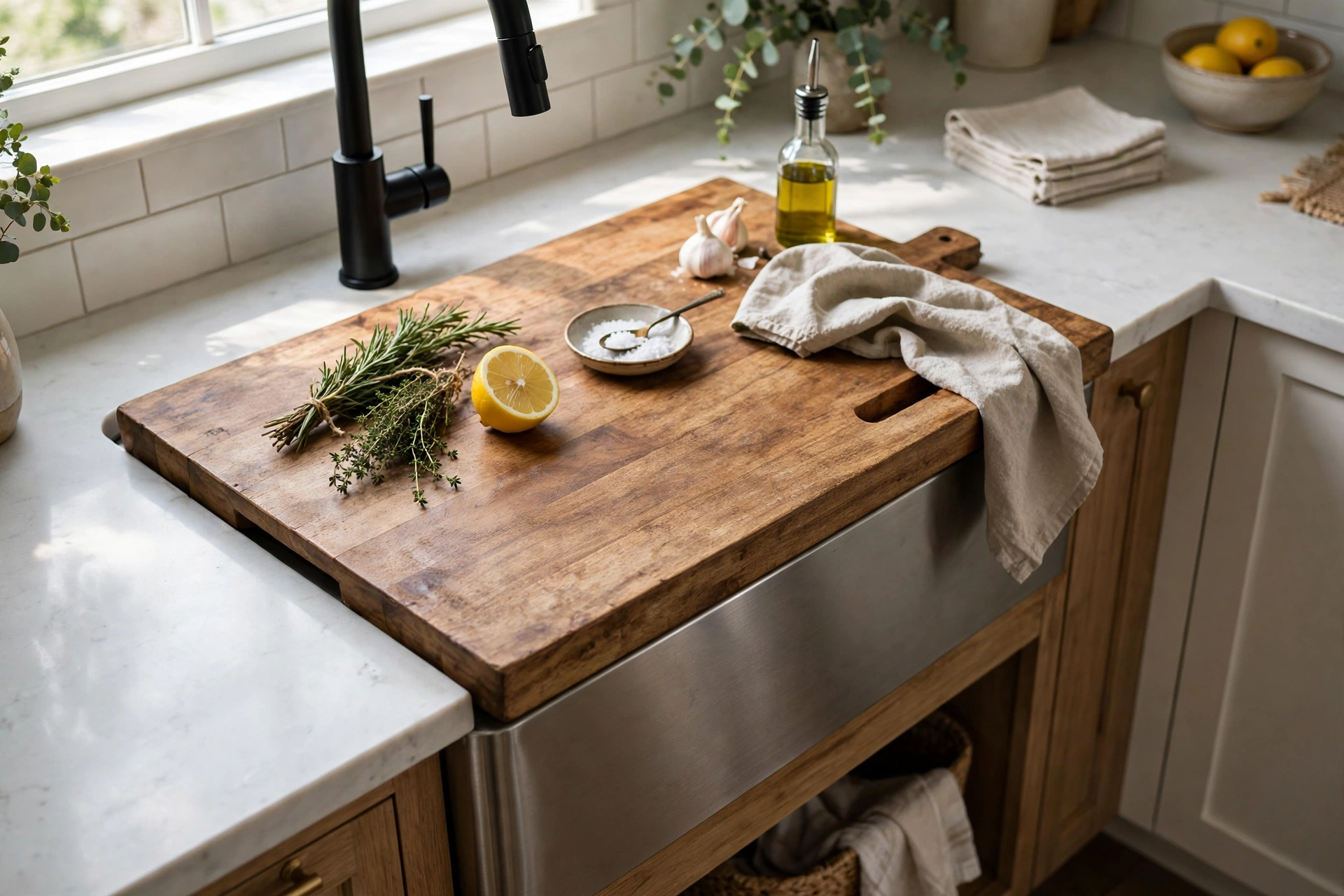 Wooden cutting board covering a kitchen sink creating extra counter space.