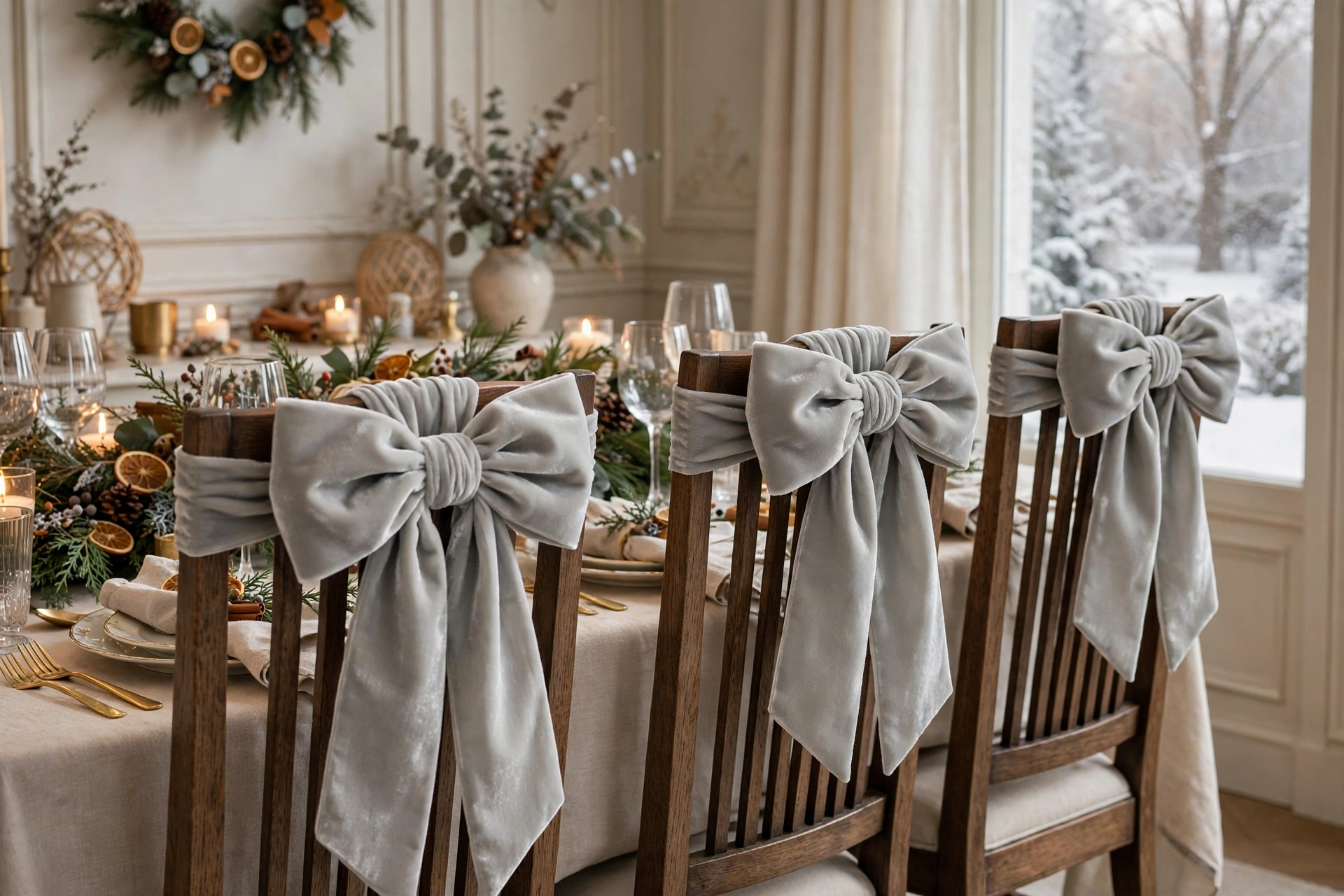 Pale grey velvet ribbon bows tied on dining chair backs