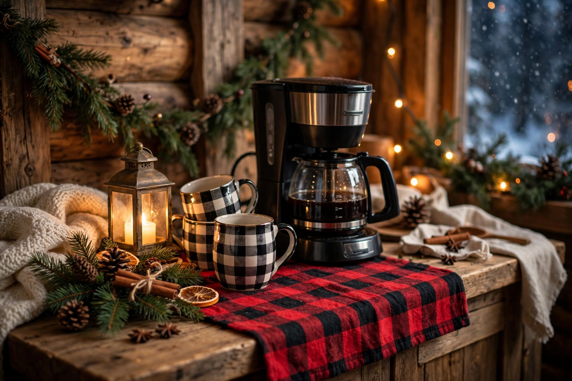 Coffee nook with plaid flannel runner and buffalo check mugs