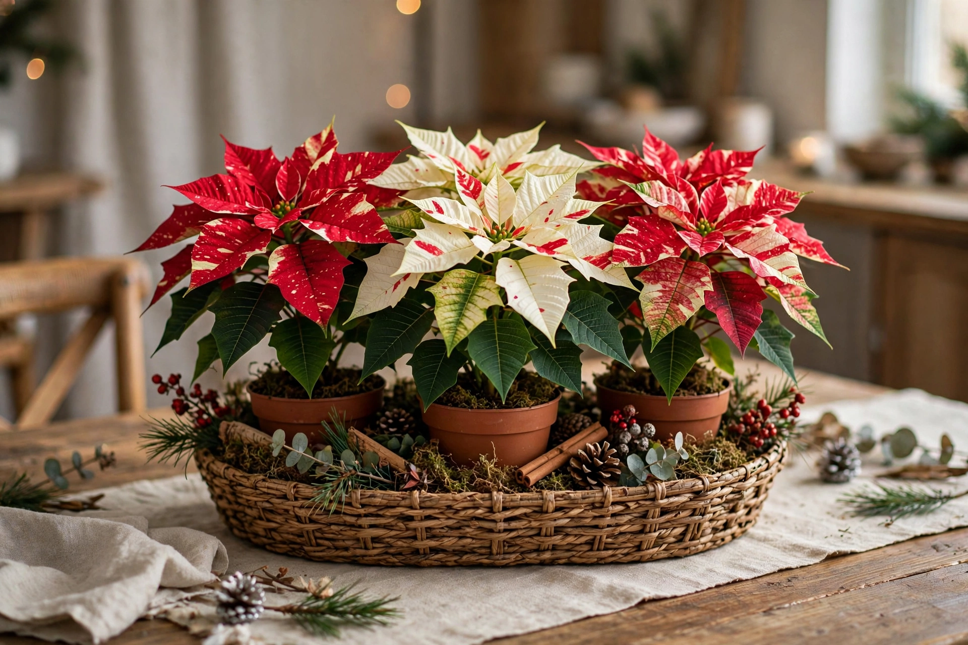 Three potted poinsettias in red and white grouped in a low basket on a dining table.