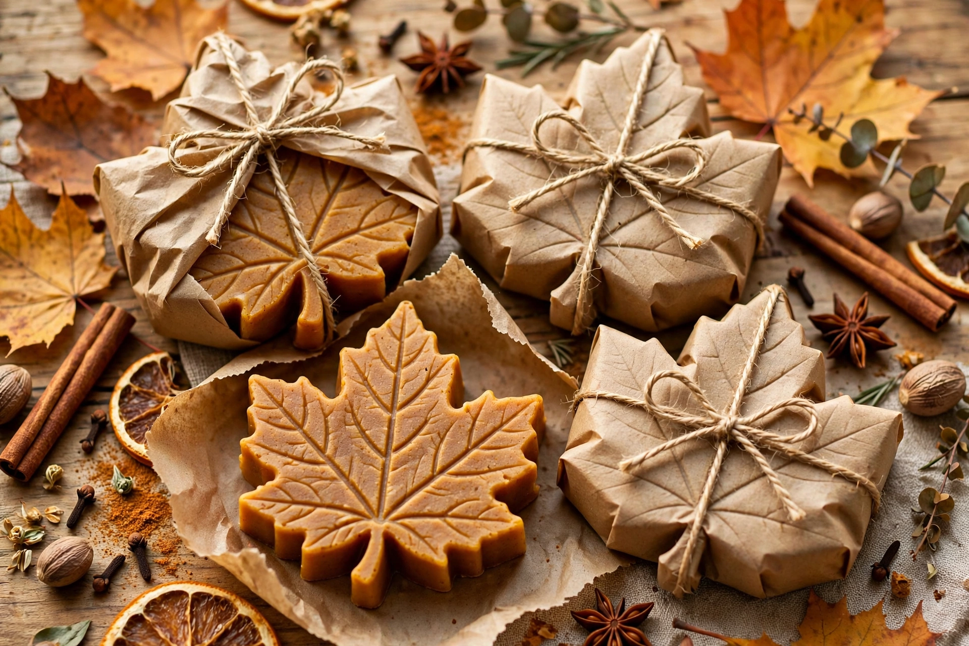 Handmade pumpkin spice soap bars in leaf shapes wrapped in kraft paper with twine bows.