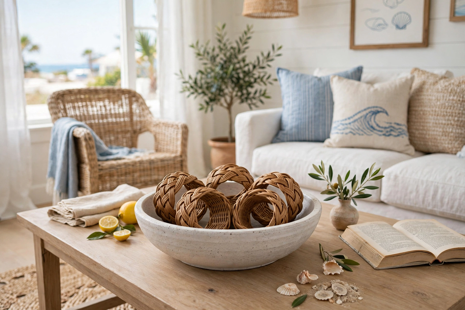 Low bowl holding woven rattan napkin rings on a coffee table in a bright coastal living room.