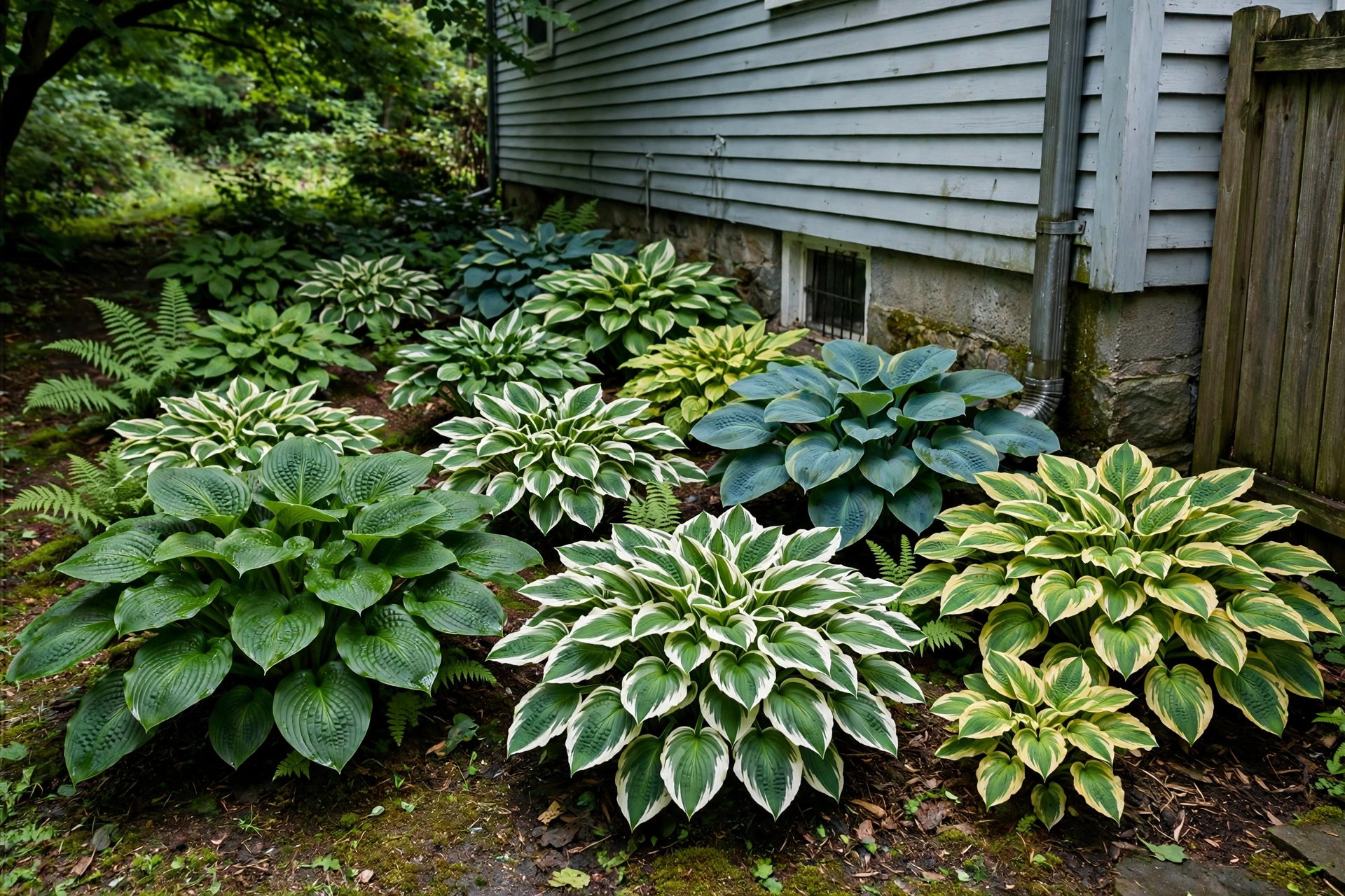 Border of mixed hosta varieties with large green and variegated leaves along a shady house foundation, side yard.