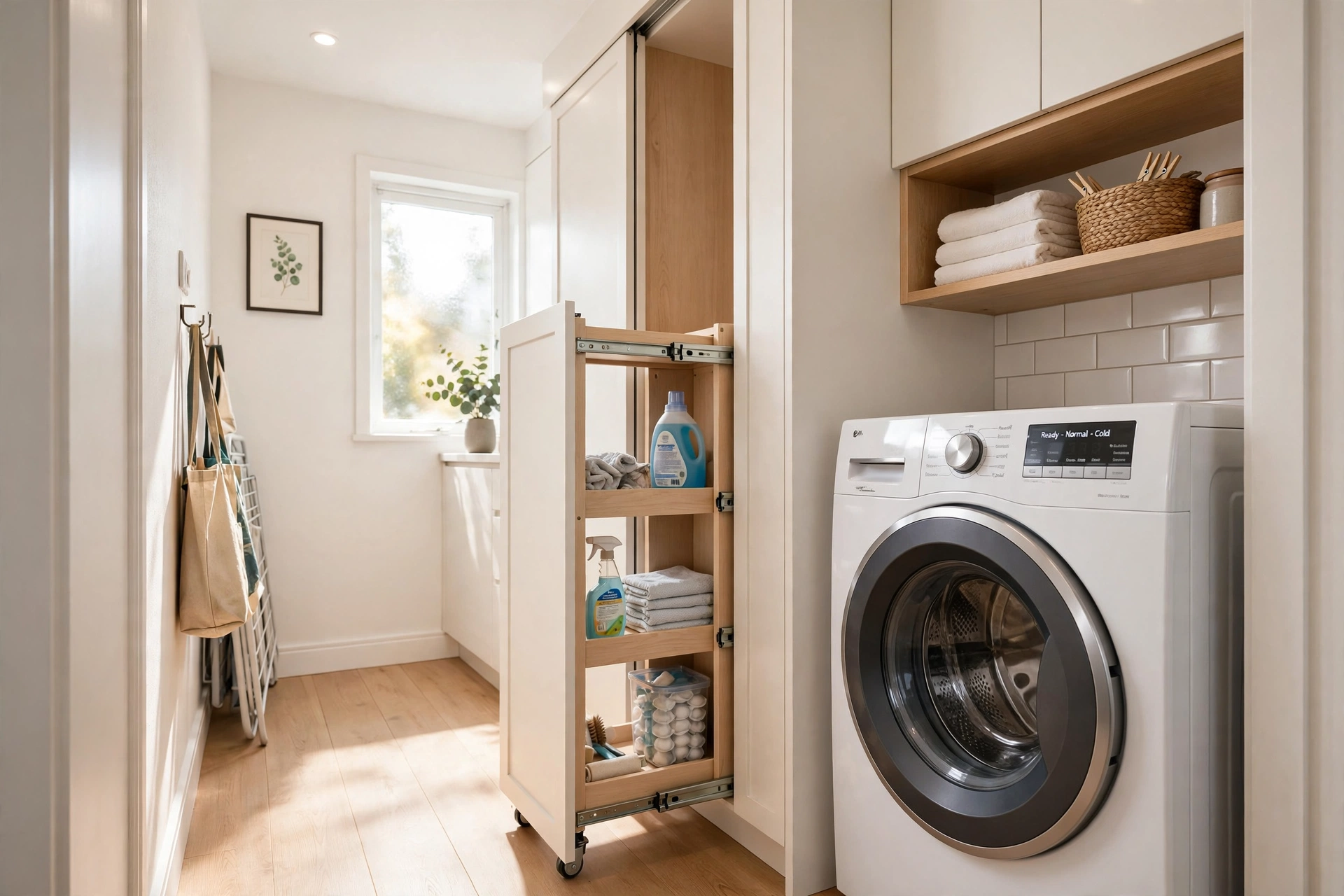 Slim sliding storage tower — small narrow laundry room idea