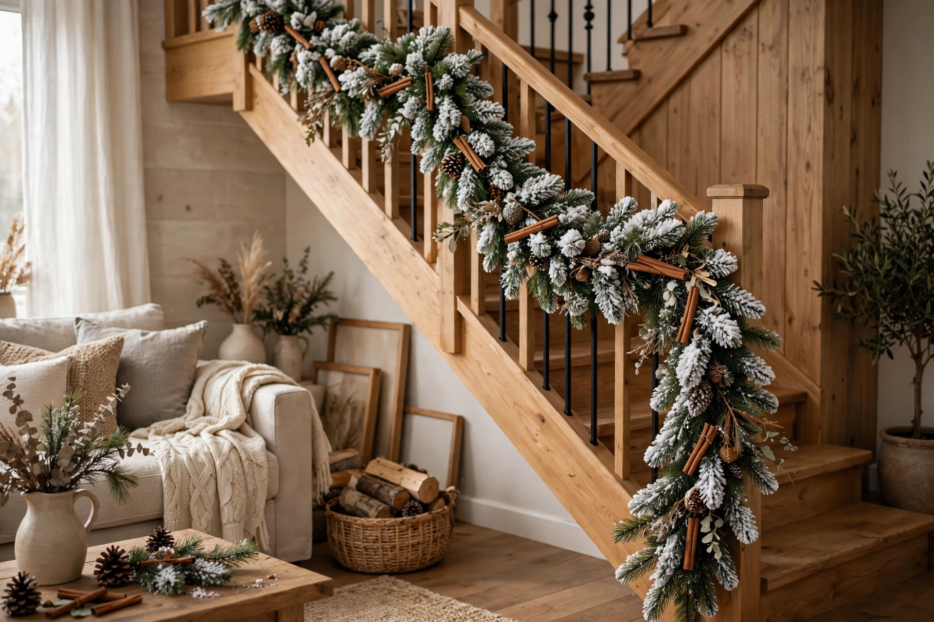 Snow-dusted pine garland with natural pinecones draped along a staircase railing.