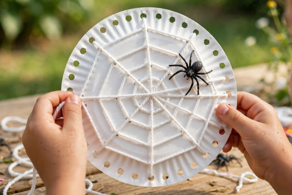 Spider web paper plate lacing — Halloween craft for children