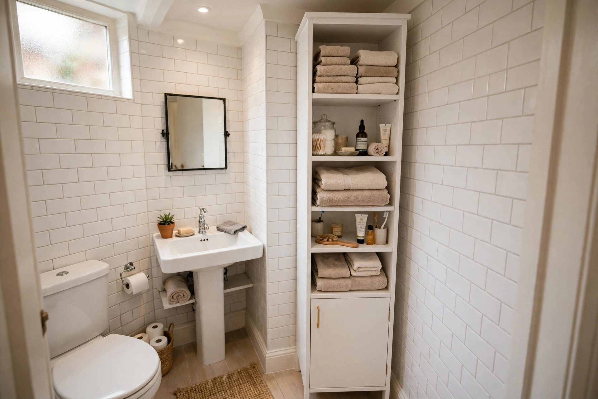 Tall corner linen cabinet — small bathroom idea