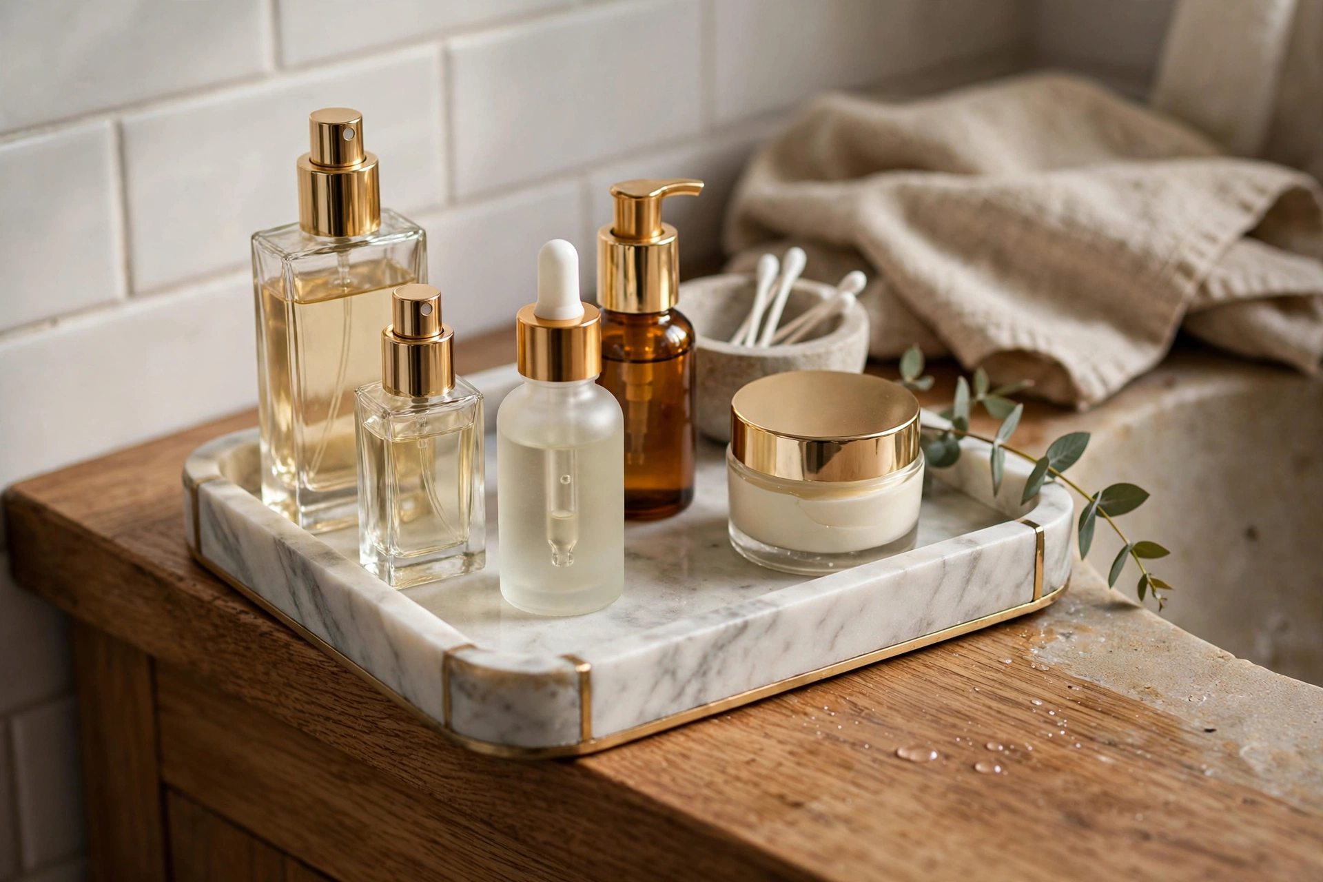 A marble vanity tray on a small bathroom counter holding perfume bottles and skincare products, realistic photo, no text