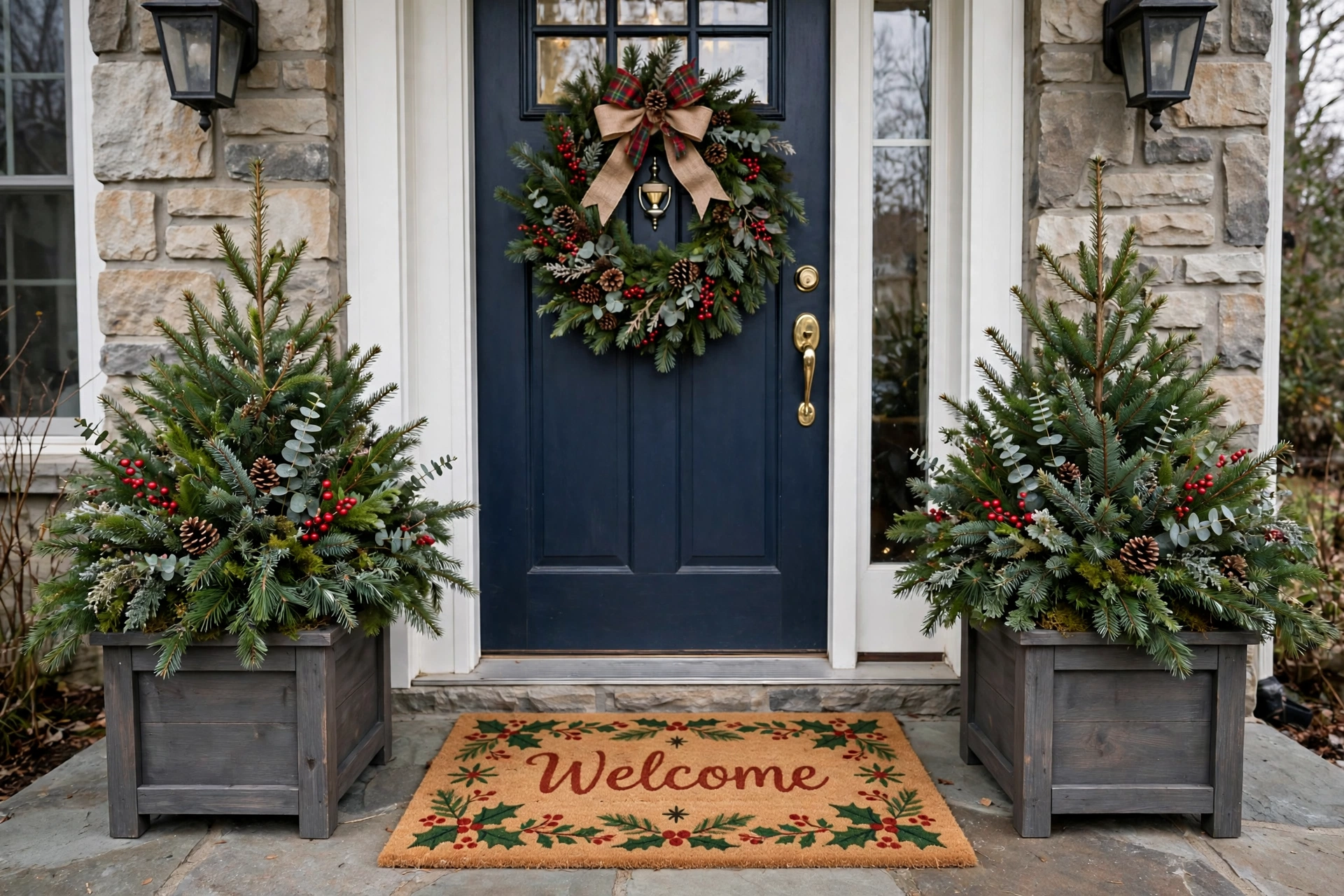 Matching evergreen planters flanking a festive welcome mat at a front door.