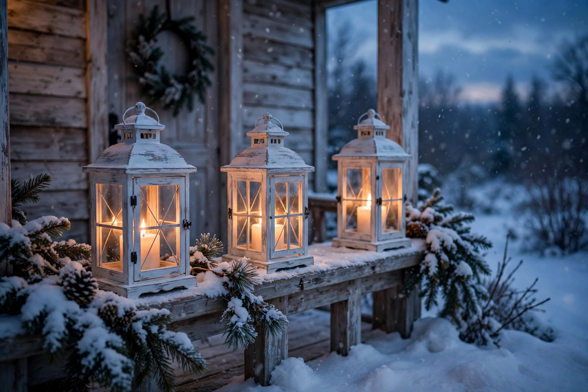 Whitewashed lanterns with glowing candles on a snowy porch at dusk.