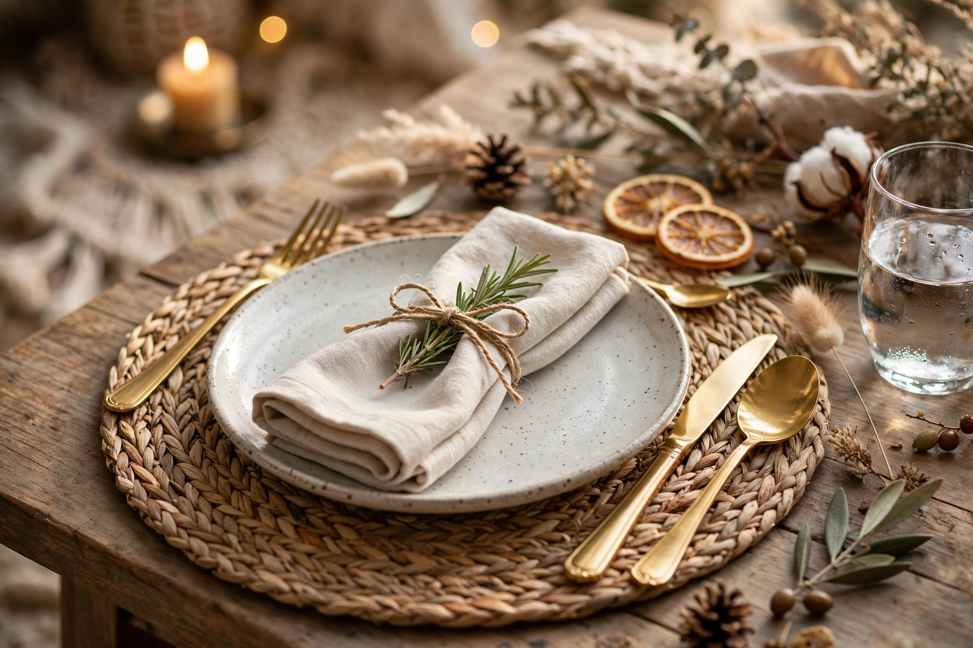 A place setting with a round woven placemat, gold flatware, and rosemary sprig
