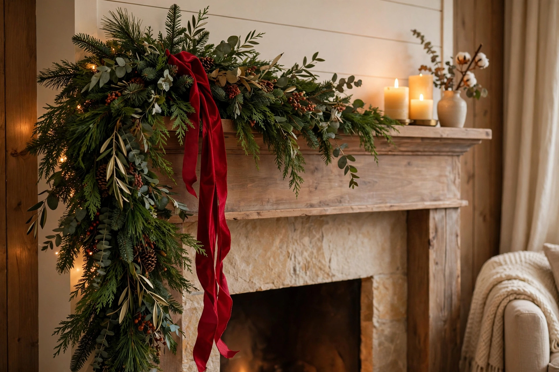 Asymmetrical evergreen garland cascading down one side of a mantel with a long red ribbon.
