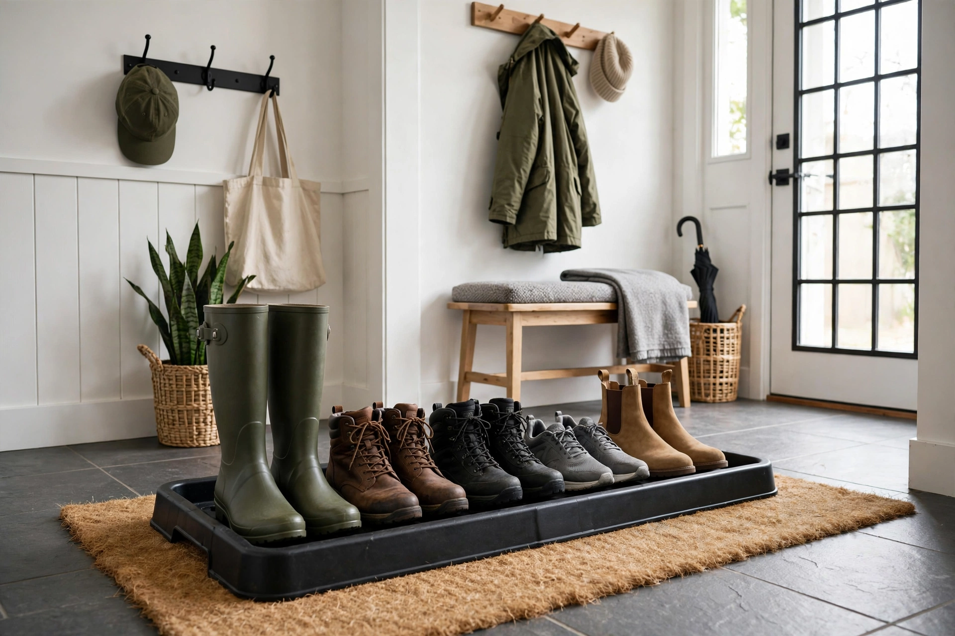 Boot tray with shoe slots — drop zone idea