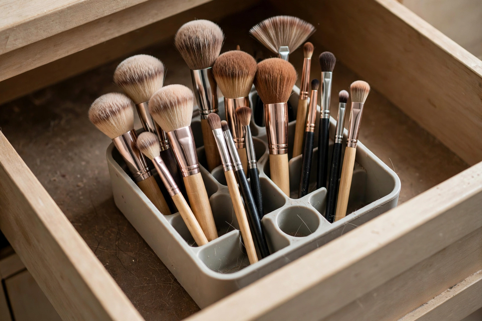 An open bathroom drawer with a brush holder organizer insert holding makeup brushes upright, realistic close-up photo, no text