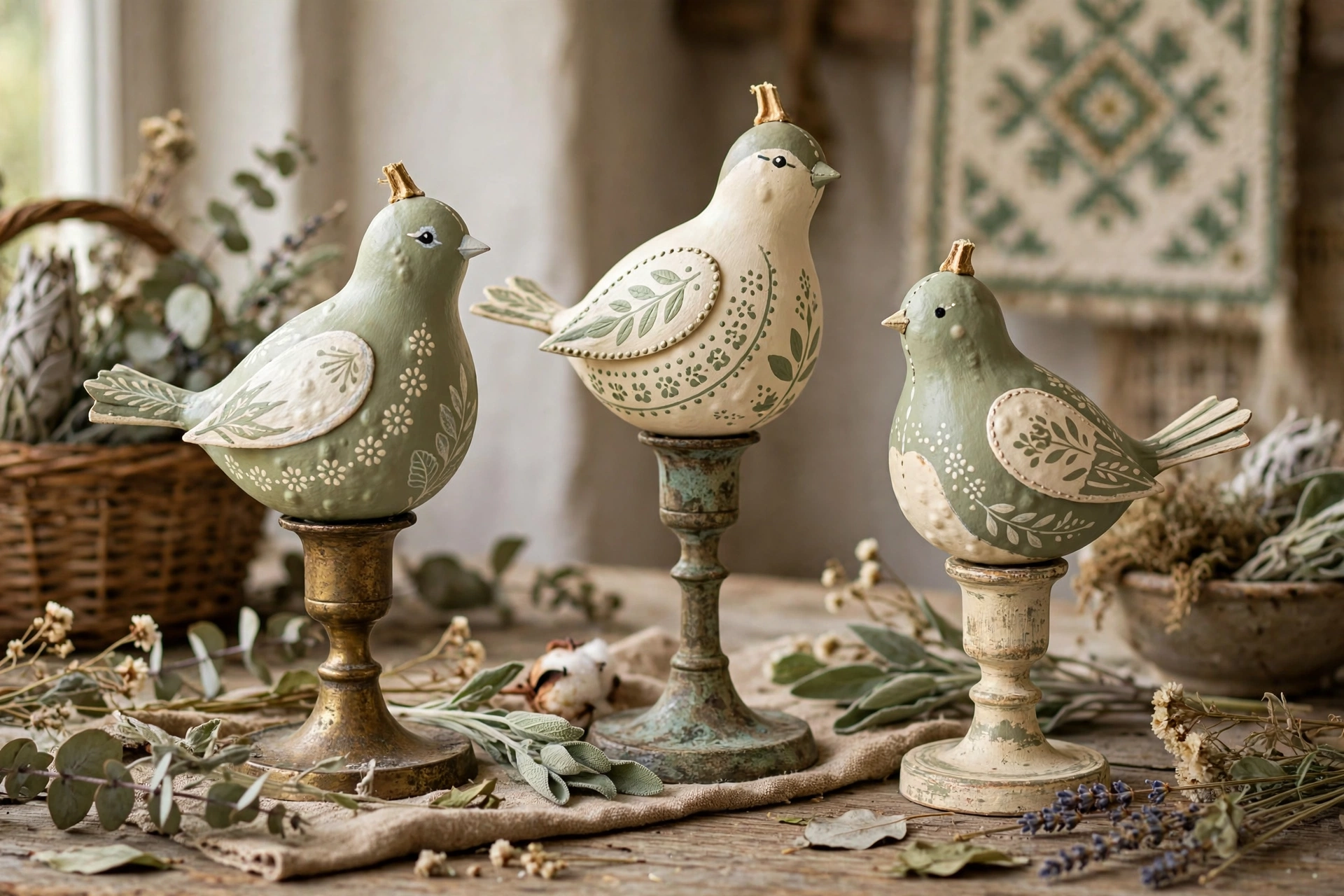Chalk-painted gourd birds in cream and sage perched on candlesticks as folk art decor.
