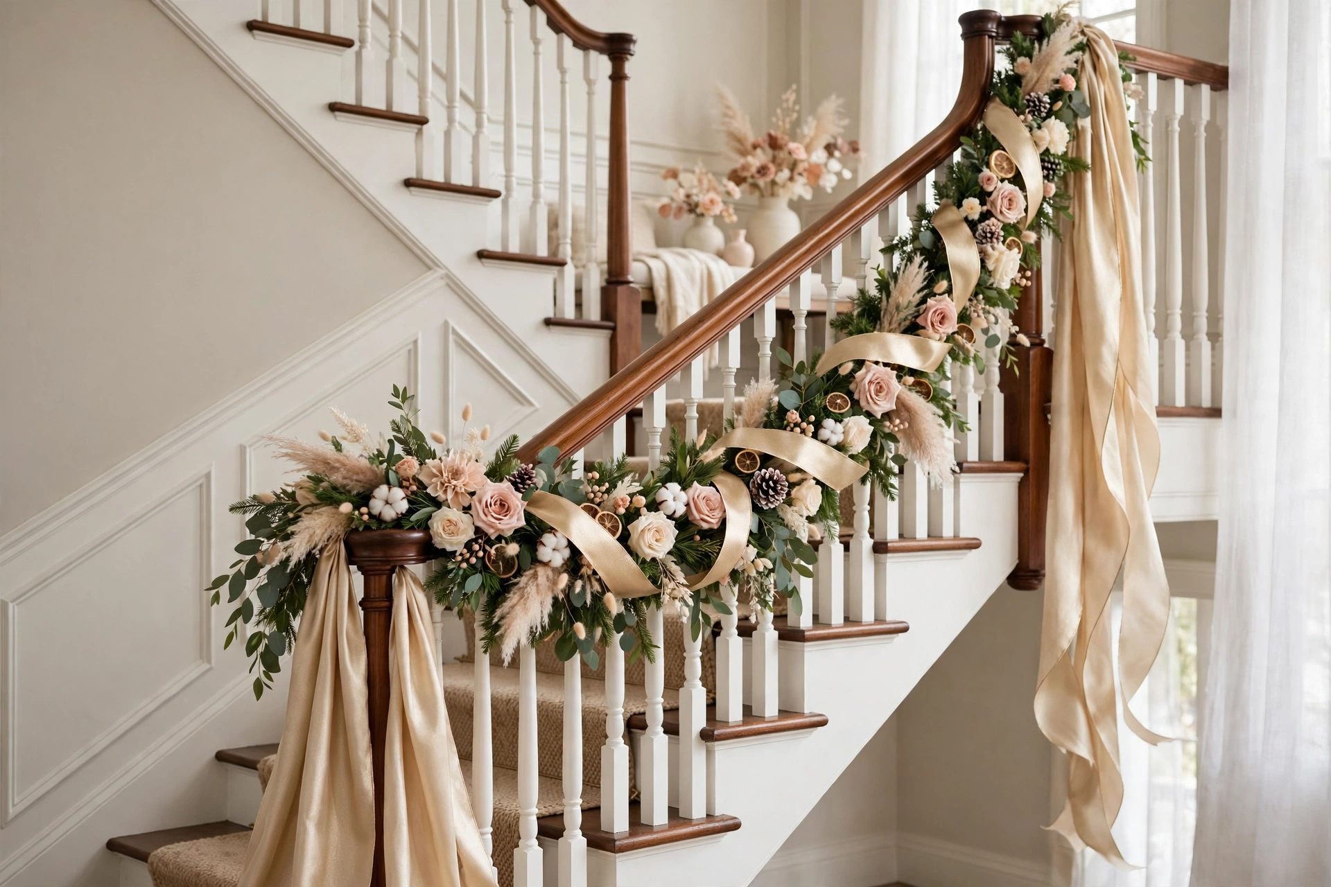 Wide champagne gold ribbon woven through a garland on an elegant staircase.