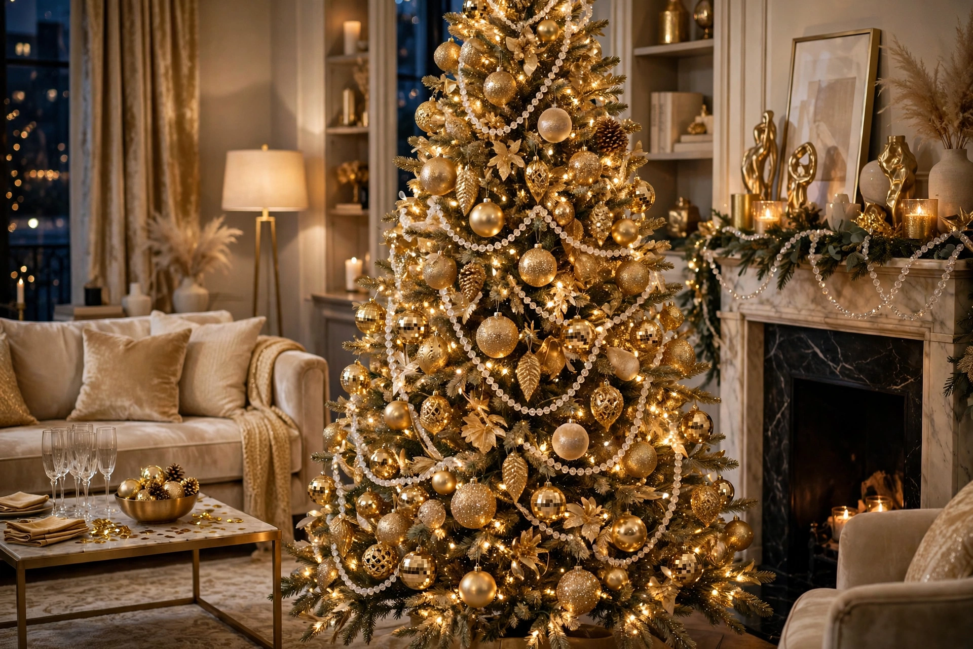 champagne gold Christmas tree with sparkling gold ornaments and crystal bead garlands