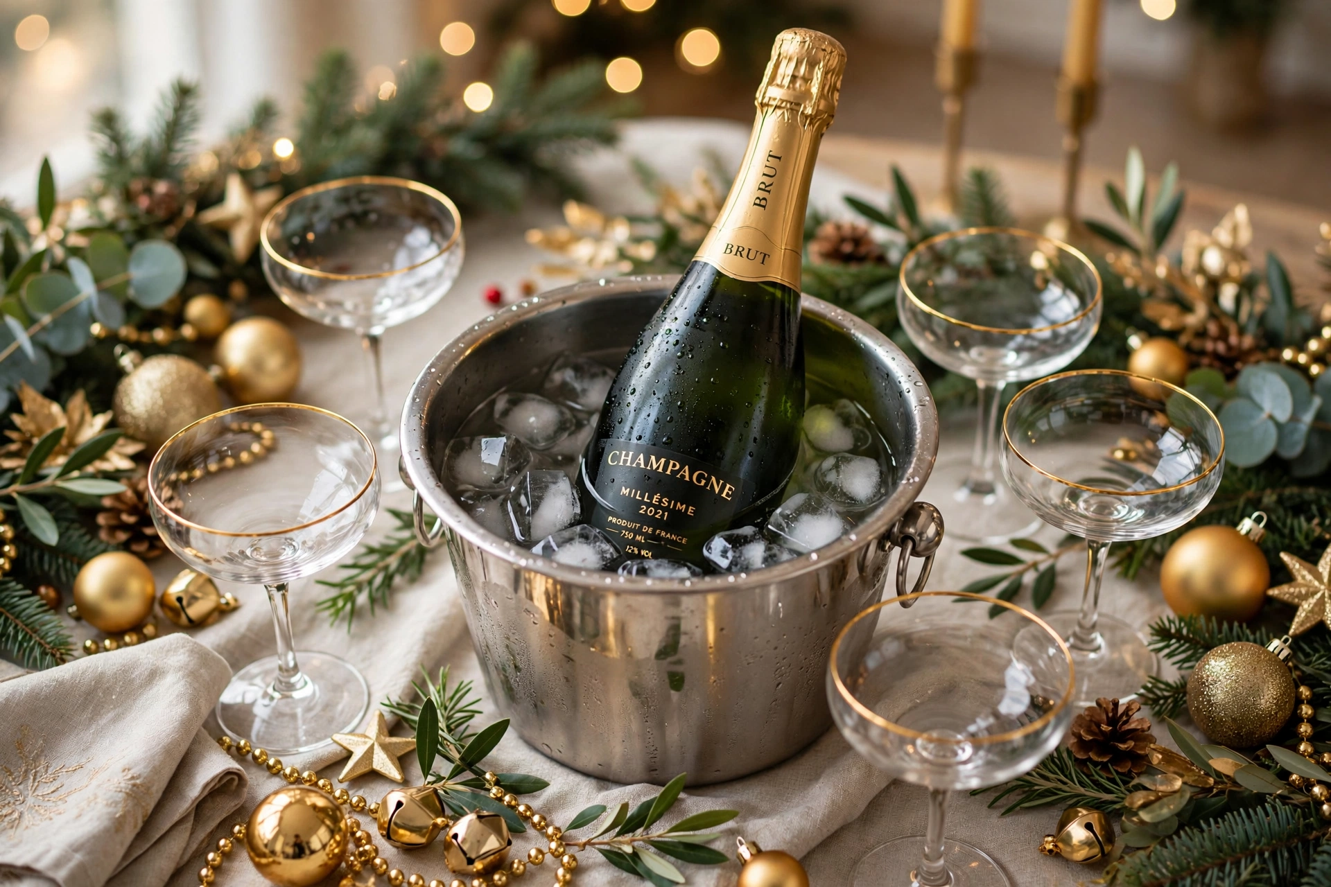 Champagne bottle in an ice bucket surrounded by gold-rimmed coupes and gold ornaments.