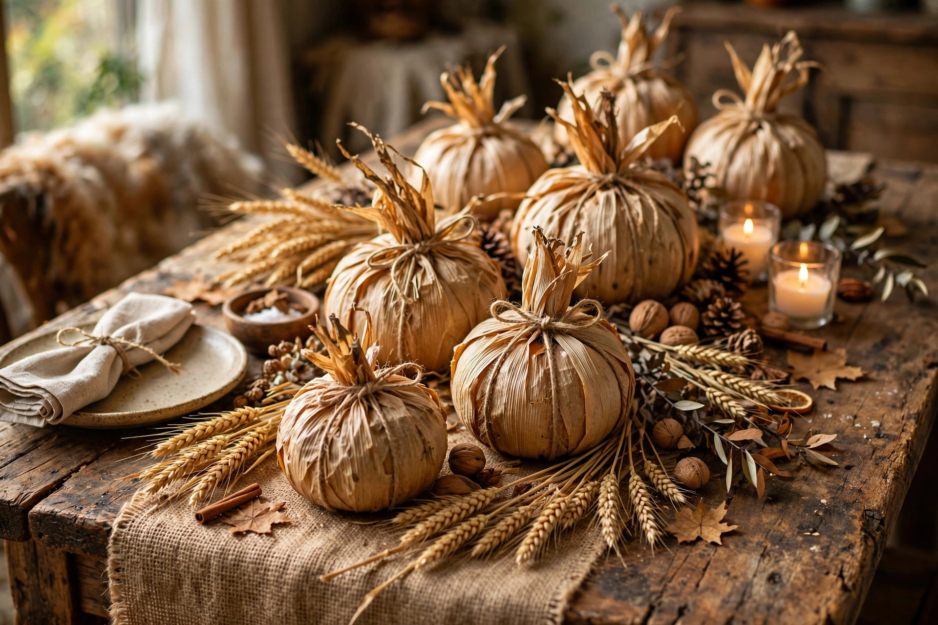 Corn husk and burlap rustic centerpiece — Thanksgiving centerpiece idea