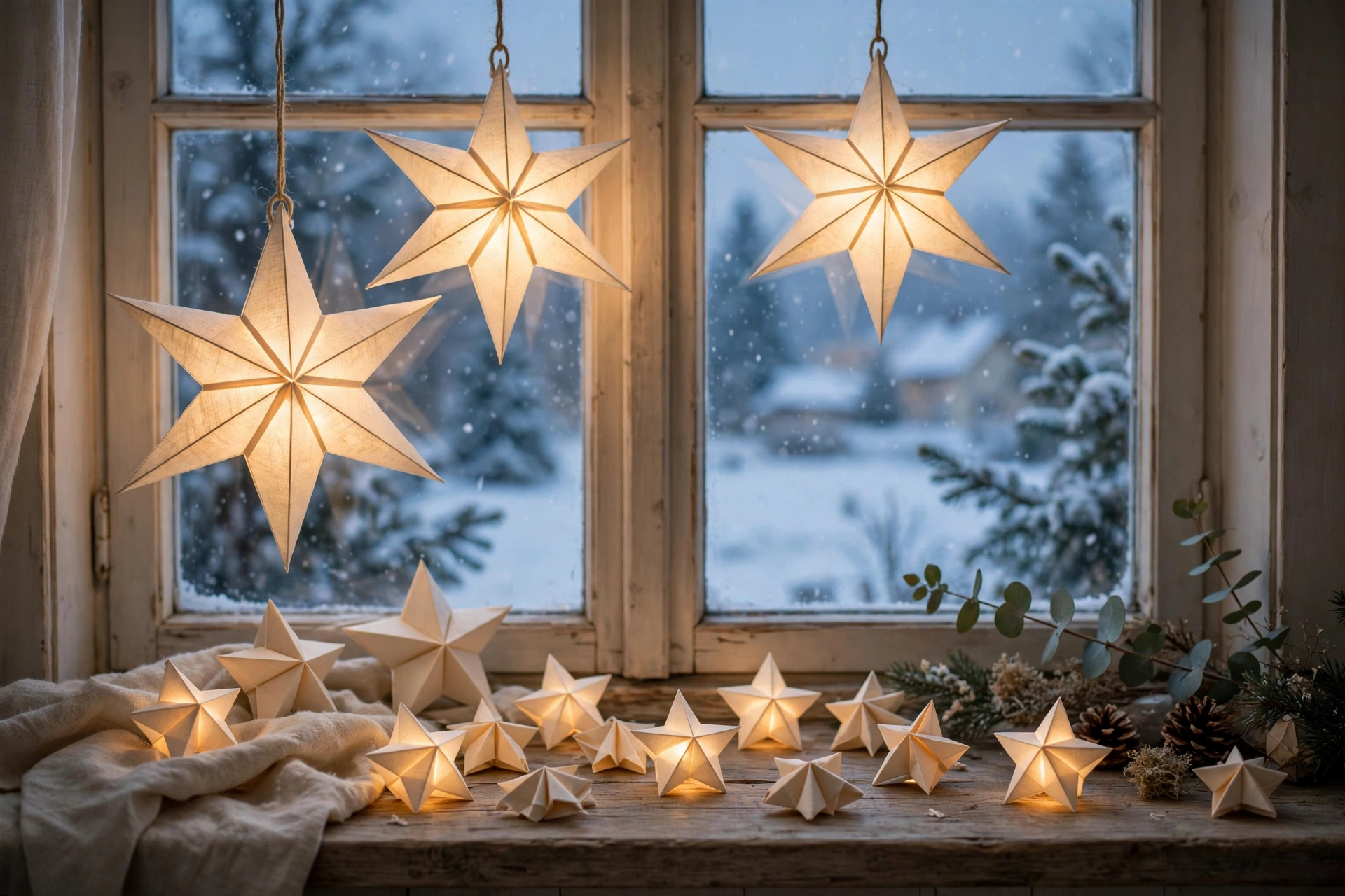 Cream paper star lanterns glowing in a window at dusk with a snowy view outside.