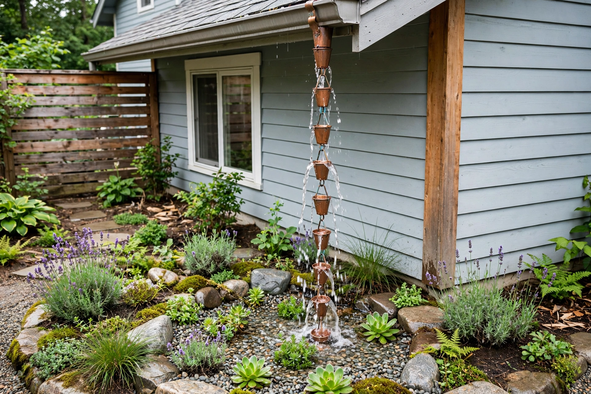 Copper rain chain replacing a downspout, spilling into a small planted gravel basin beside a house, side yard garden.