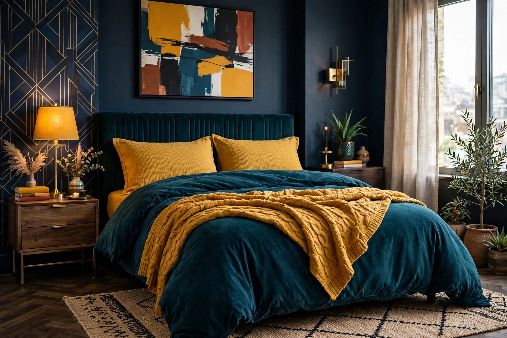 Deep teal duvet with mustard throw and shams in a bold bedroom.