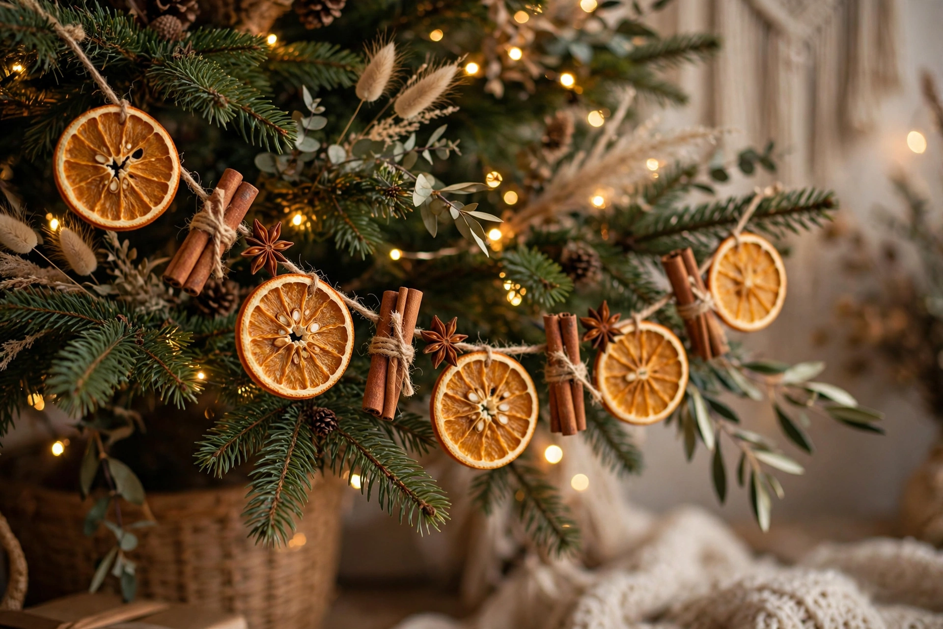A garland of dried orange slices, cinnamon sticks, and star anise on a tree