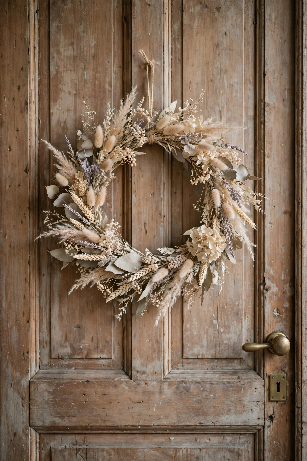 Delicate dried flower wreath in neutral tones hanging on a wooden door.