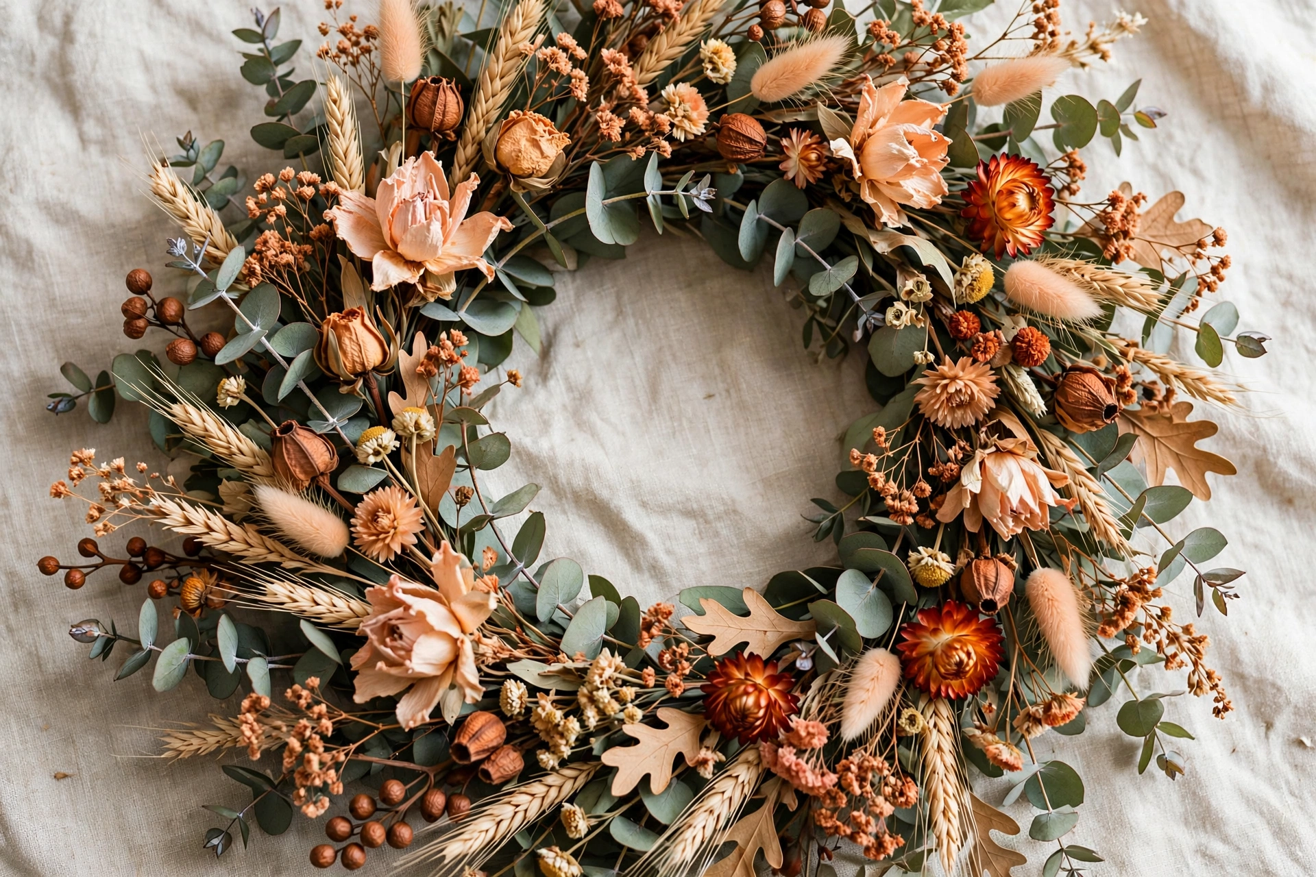 Wildflower style wreath with eucalyptus and dried flowers in peach and rust tones.