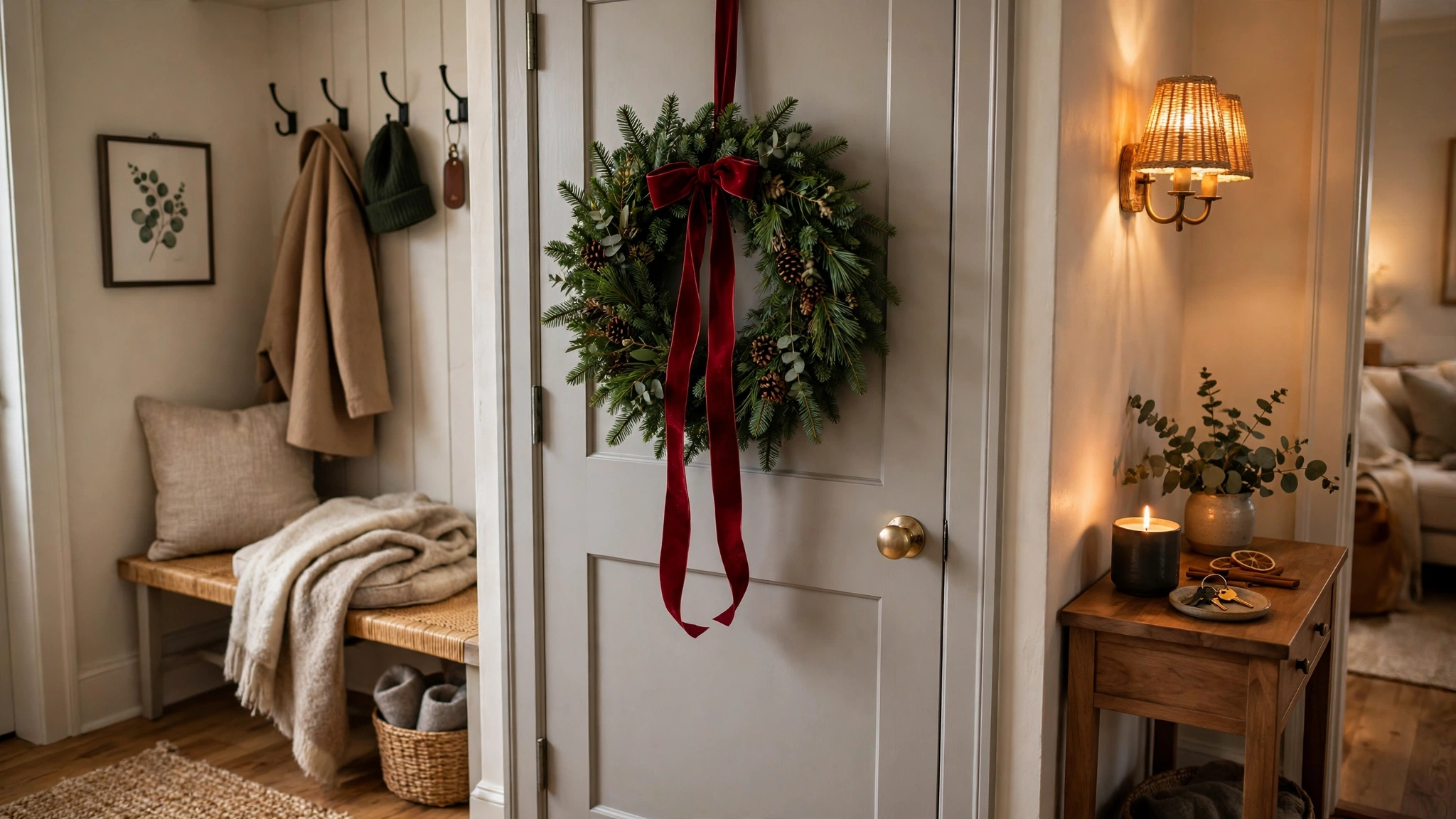 Evergreen wreath with velvet ribbon on an entryway closet door